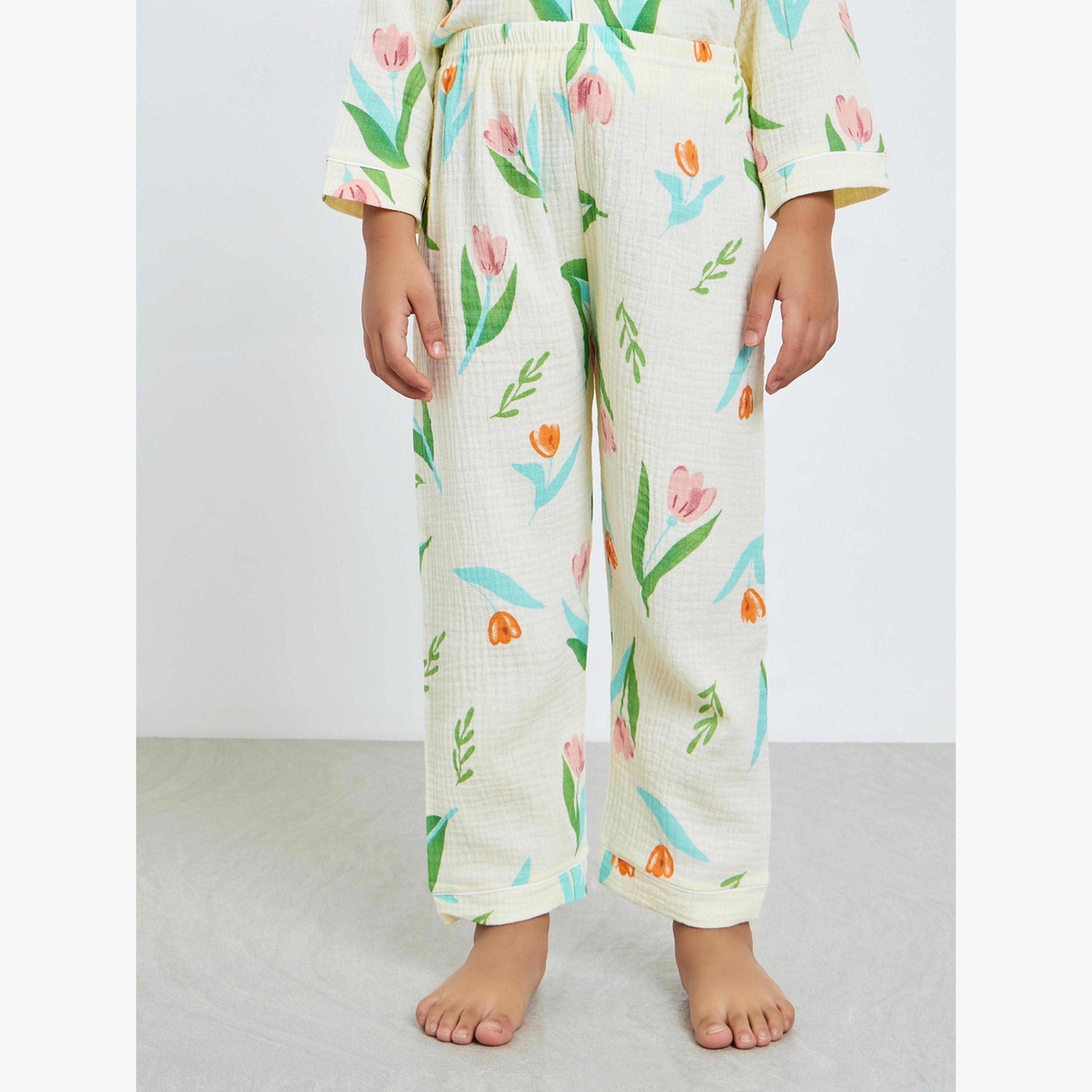 Styli Girls Floral Print Button Front Shirt and Pjyama Set-girls-clothing-nightwear-image-4