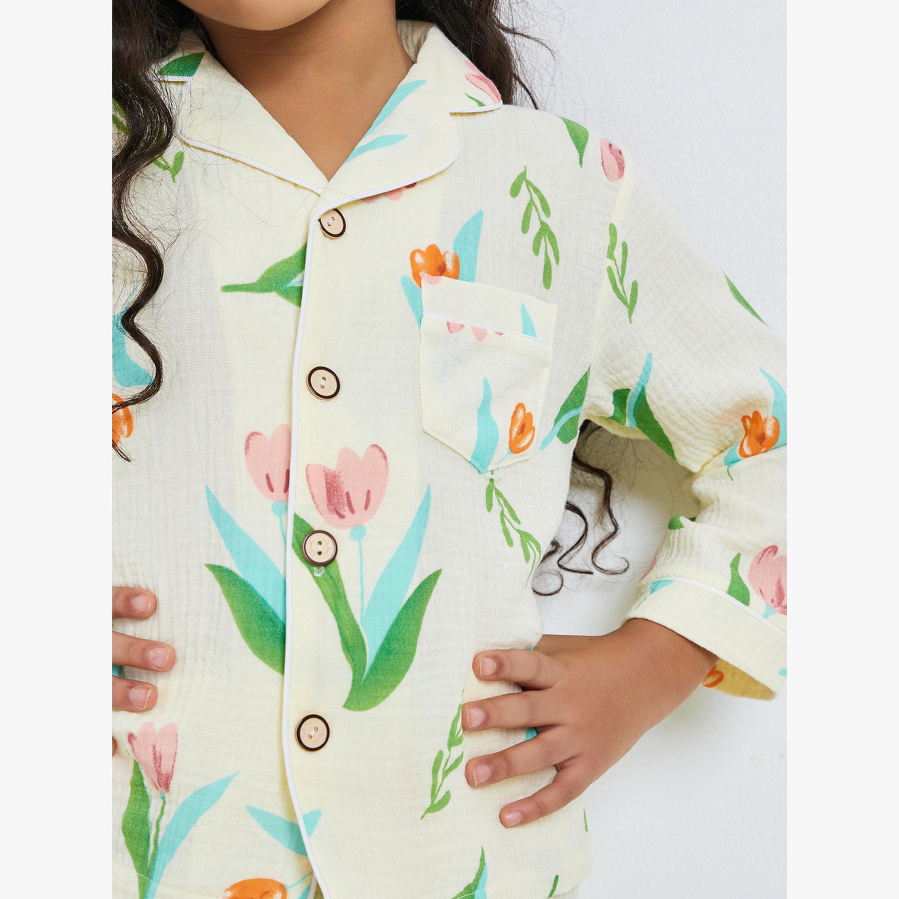Styli Girls Floral Print Button Front Shirt and Pjyama Set-girls-clothing-nightwear-image-5