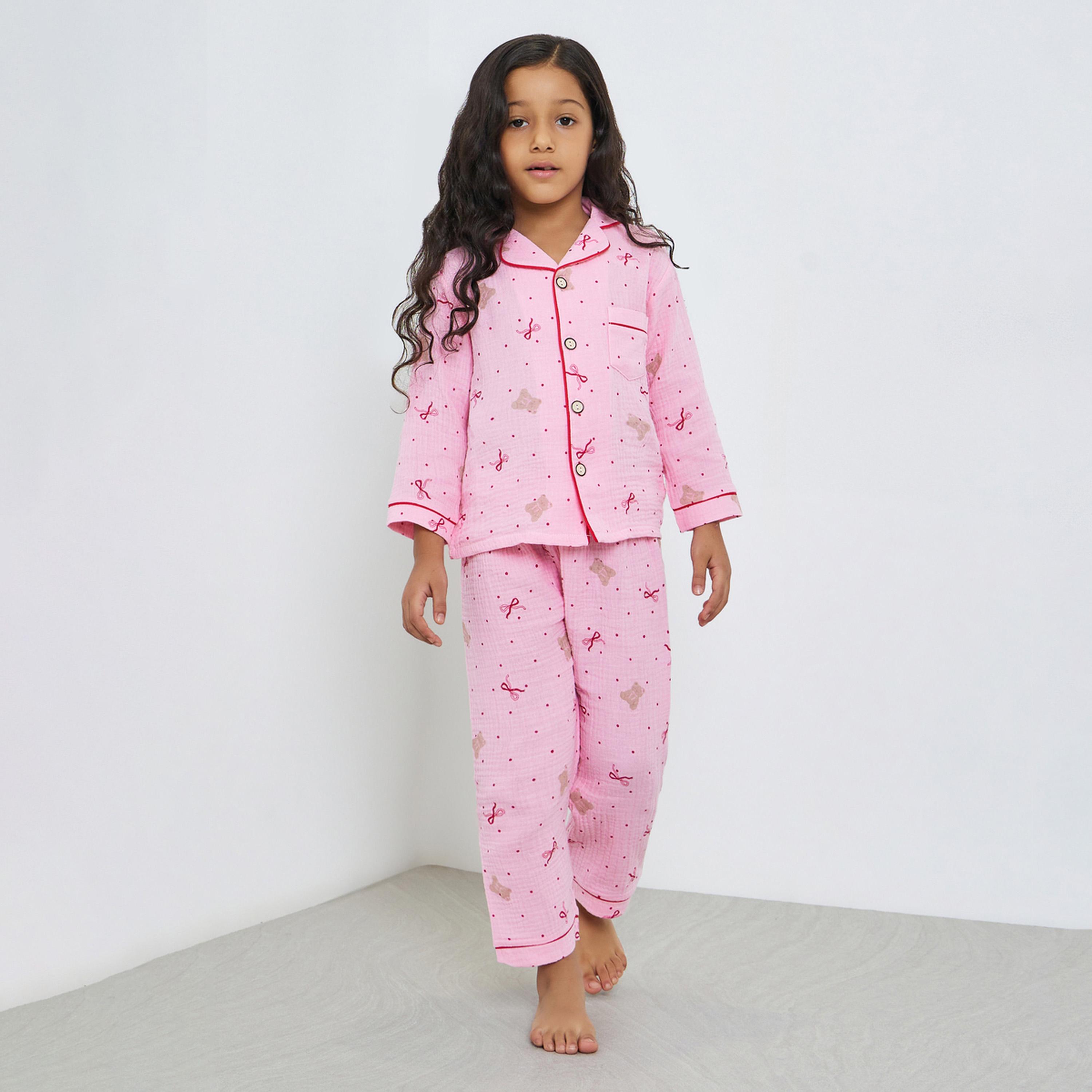 مجموعة من بيجاما وقميص بأزرار أمامية وطبعة فيونكة-girls-clothing-nightwear-image-1