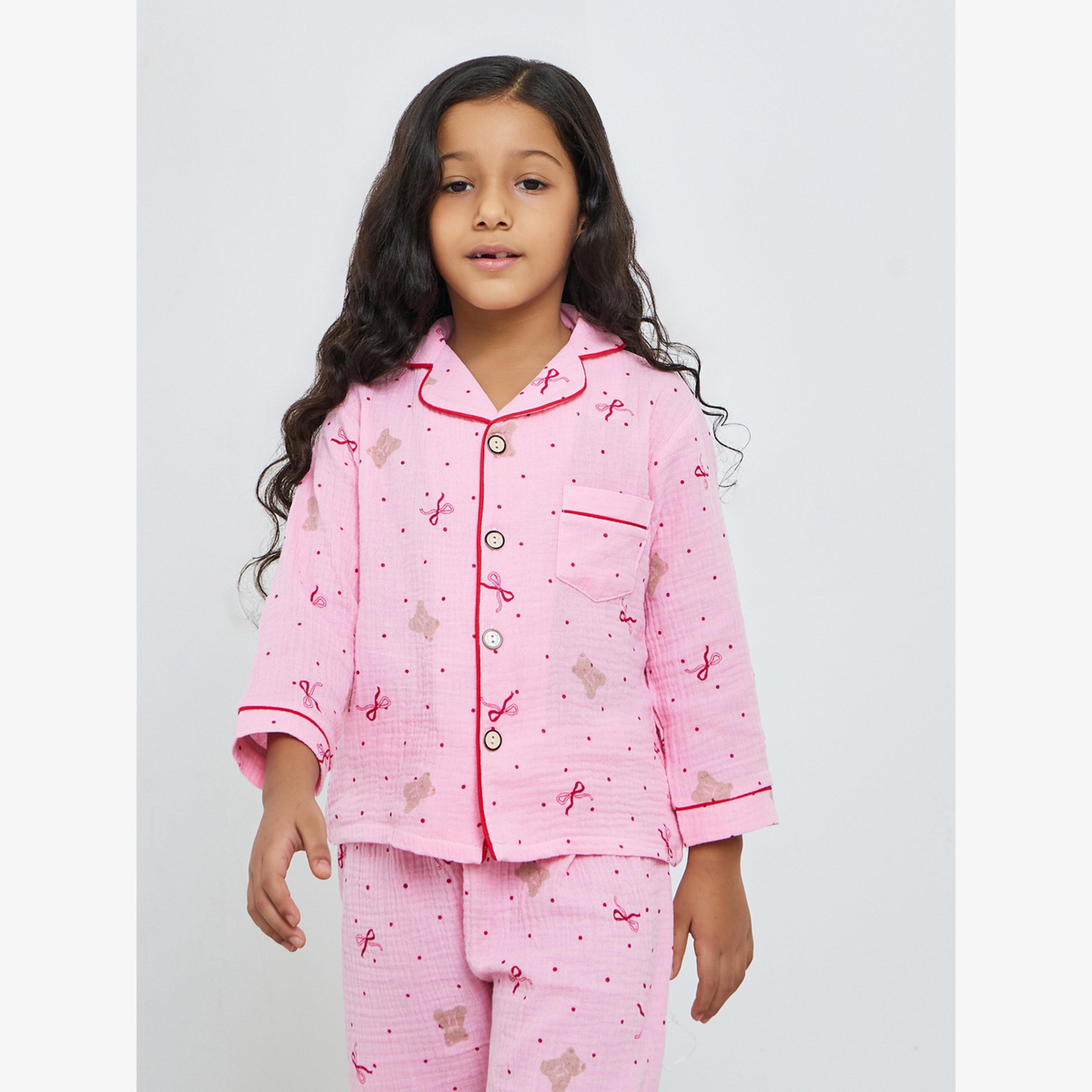 مجموعة من بيجاما وقميص بأزرار أمامية وطبعة فيونكة-girls-clothing-nightwear-image-2