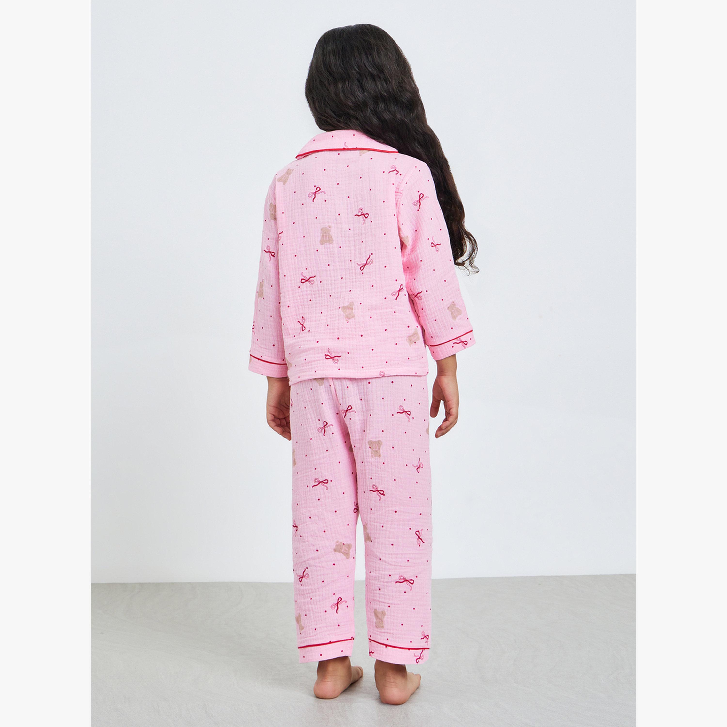 Styli Girls Bow Print Button Front Shirt and Pjyama Set-girls-clothing-nightwear-image-3