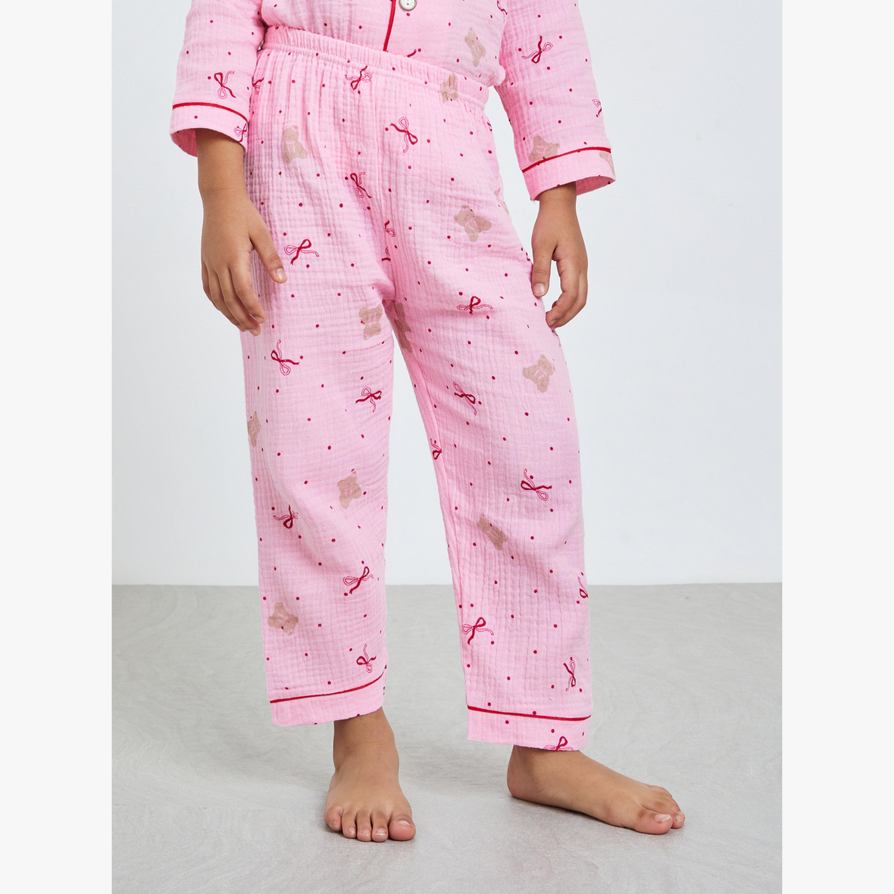 Styli Girls Bow Print Button Front Shirt and Pjyama Set-girls-clothing-nightwear-image-4