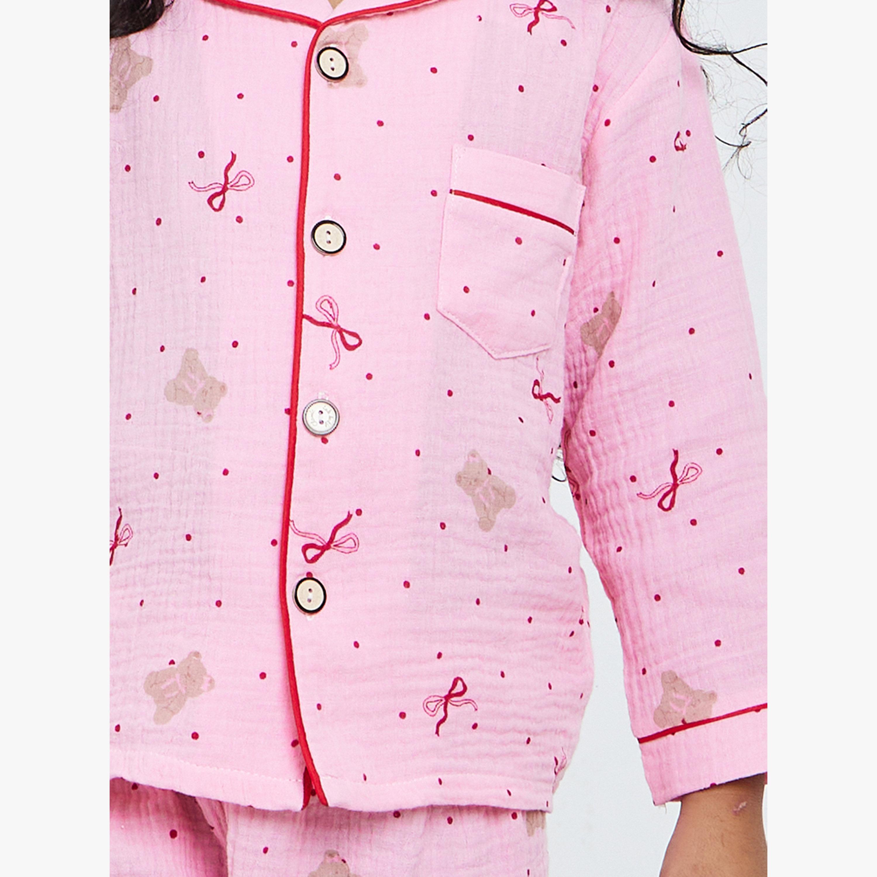 Styli Girls Bow Print Button Front Shirt and Pjyama Set-girls-clothing-nightwear-image-5