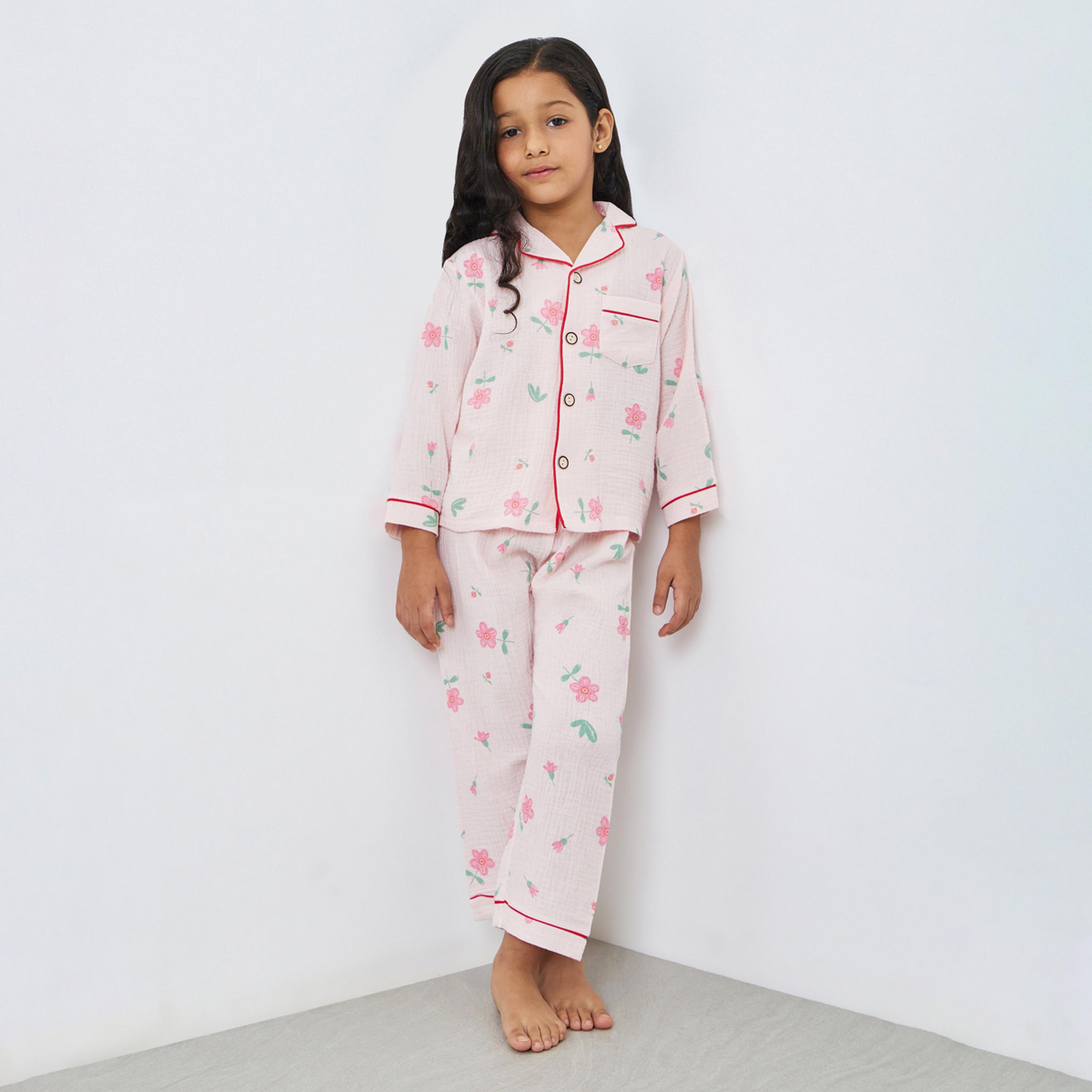 مجموعة من بيجاما وقميص بأزرار أمامية وطبعة أزهار-girls-clothing-nightwear-image-1