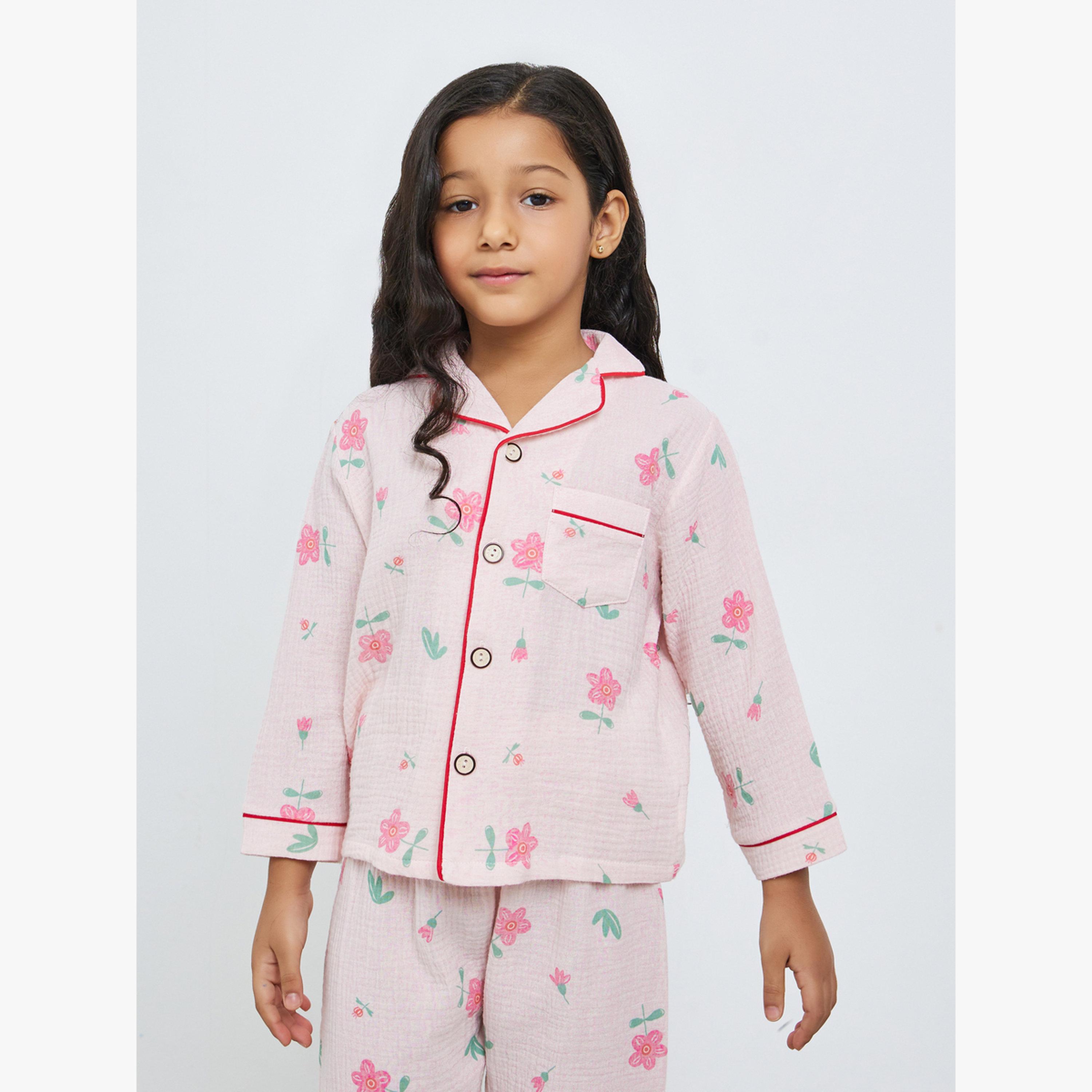 مجموعة من بيجاما وقميص بأزرار أمامية وطبعة أزهار-girls-clothing-nightwear-image-2