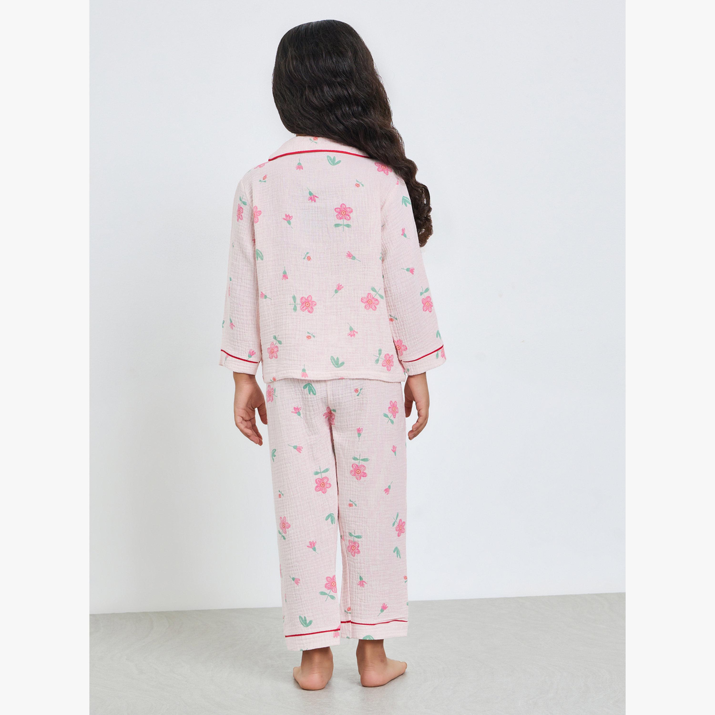 Styli Girls Floral Print Button Front Shirt and Pjyama Set-girls-clothing-nightwear-image-3