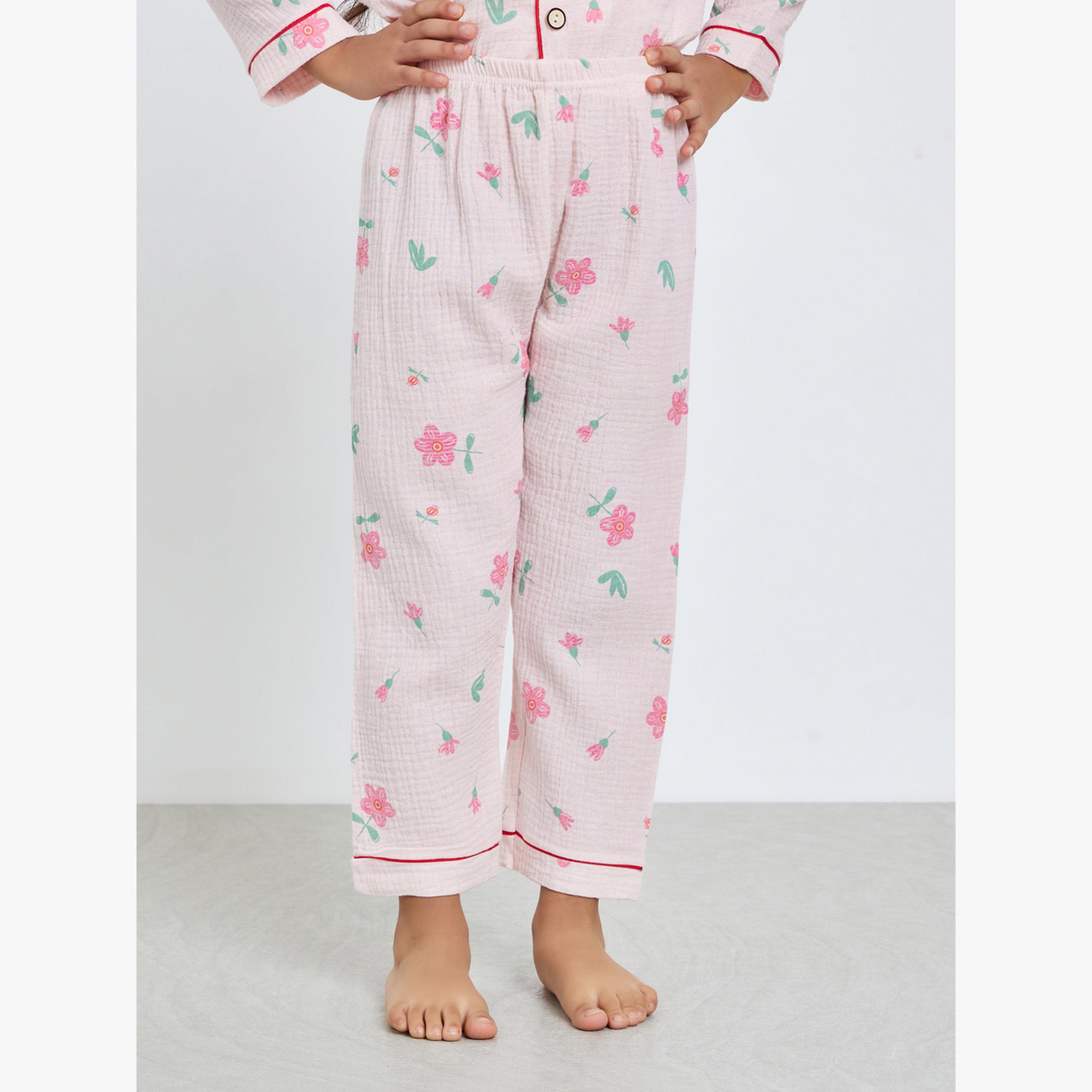 مجموعة من بيجاما وقميص بأزرار أمامية وطبعة أزهار-girls-clothing-nightwear-image-4