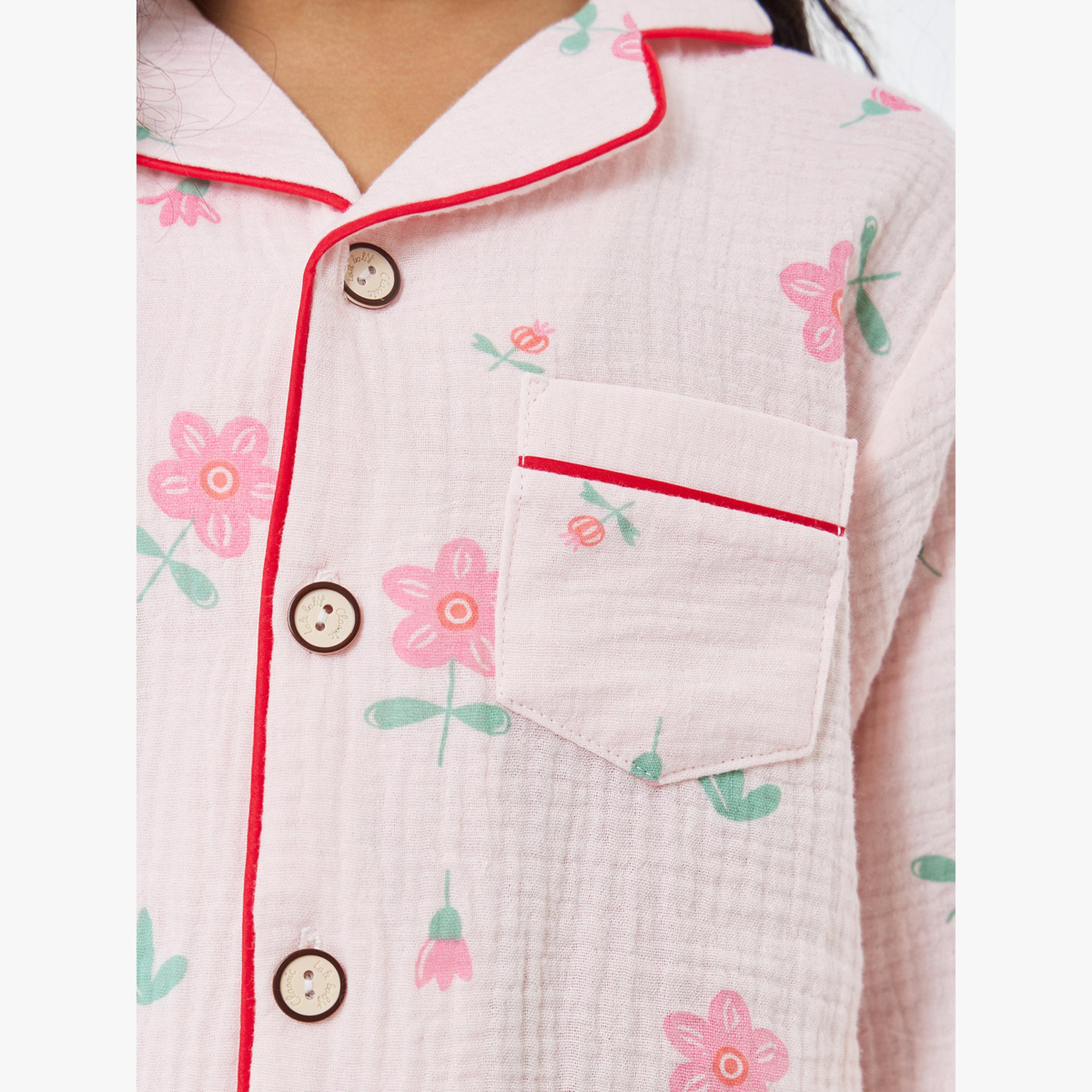 Styli Girls Floral Print Button Front Shirt and Pjyama Set-girls-clothing-nightwear-image-5