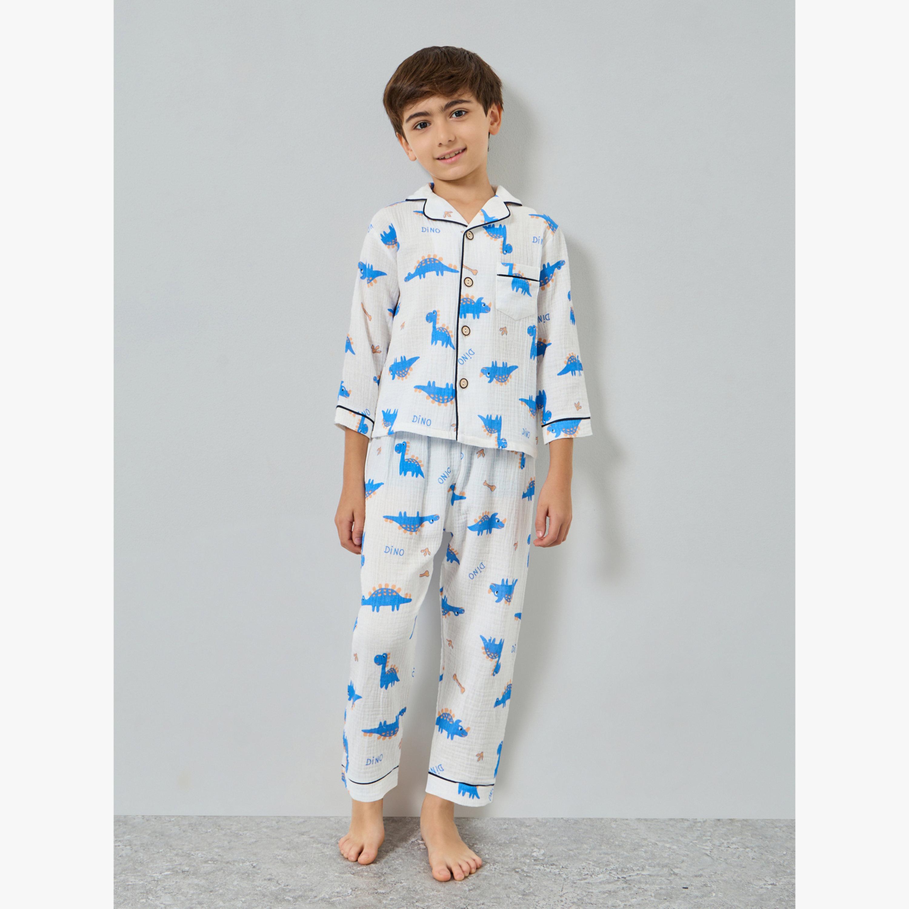 Styli Boys Dino Print Button Front Shirt and Pjyama Set-boys-clothing-nightwear-image-1