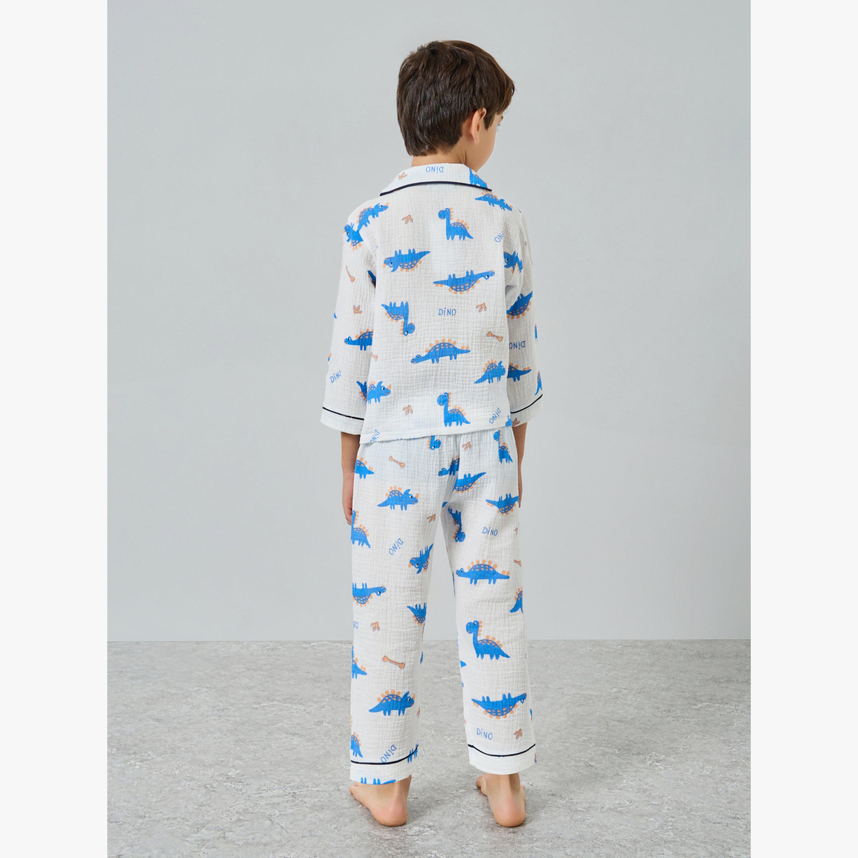 Styli Boys Dino Print Button Front Shirt and Pjyama Set-boys-clothing-nightwear-image-2
