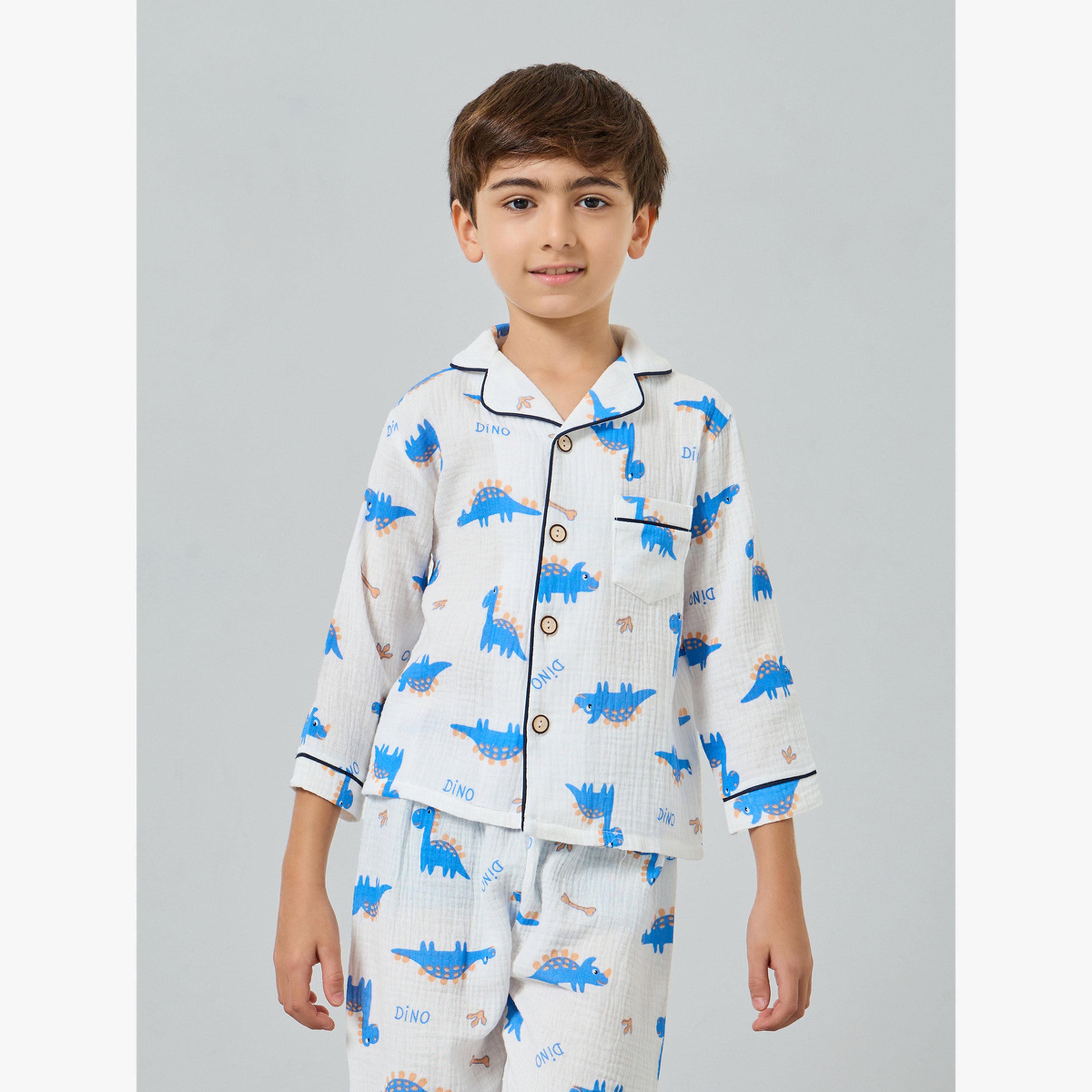 Styli Boys Dino Print Button Front Shirt and Pjyama Set-boys-clothing-nightwear-image-3