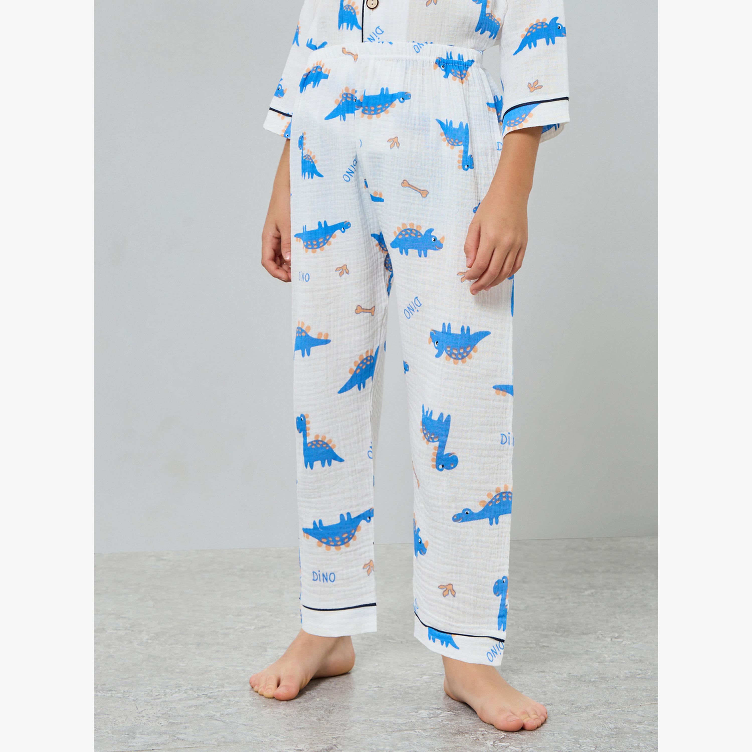 Styli Boys Dino Print Button Front Shirt and Pjyama Set-boys-clothing-nightwear-image-4