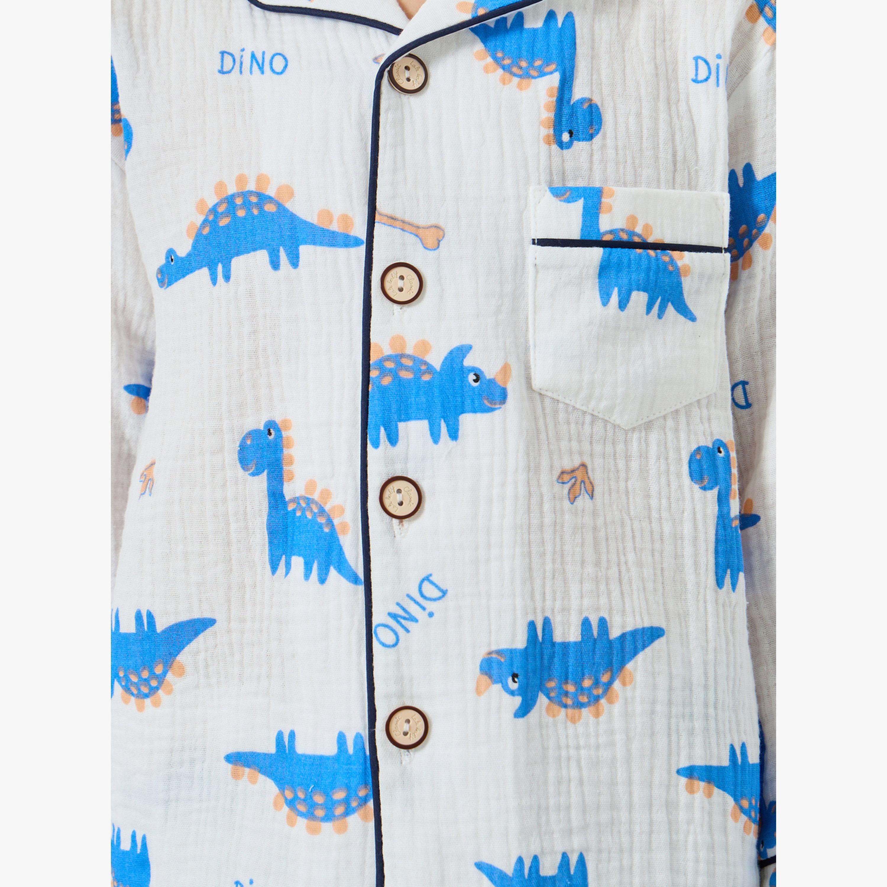 Styli Boys Dino Print Button Front Shirt and Pjyama Set-boys-clothing-nightwear-image-5