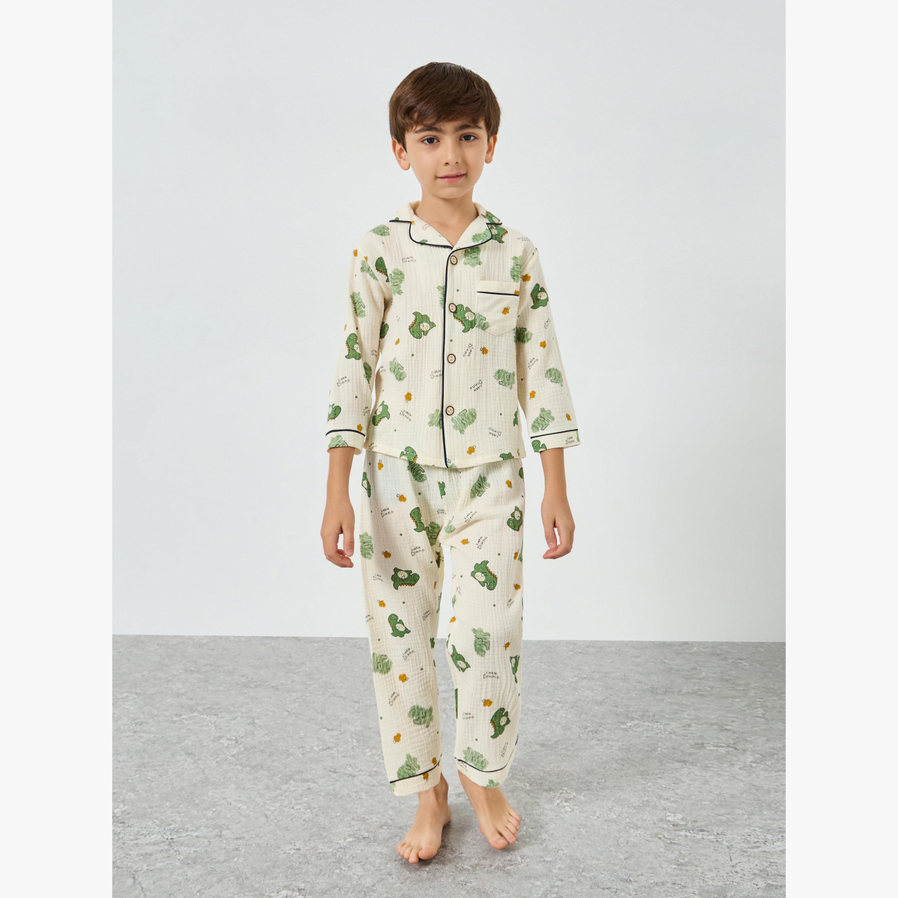 Styli Boys Dino Print Button Front Shirt and Pjyama Set-boys-clothing-nightwear-image-1