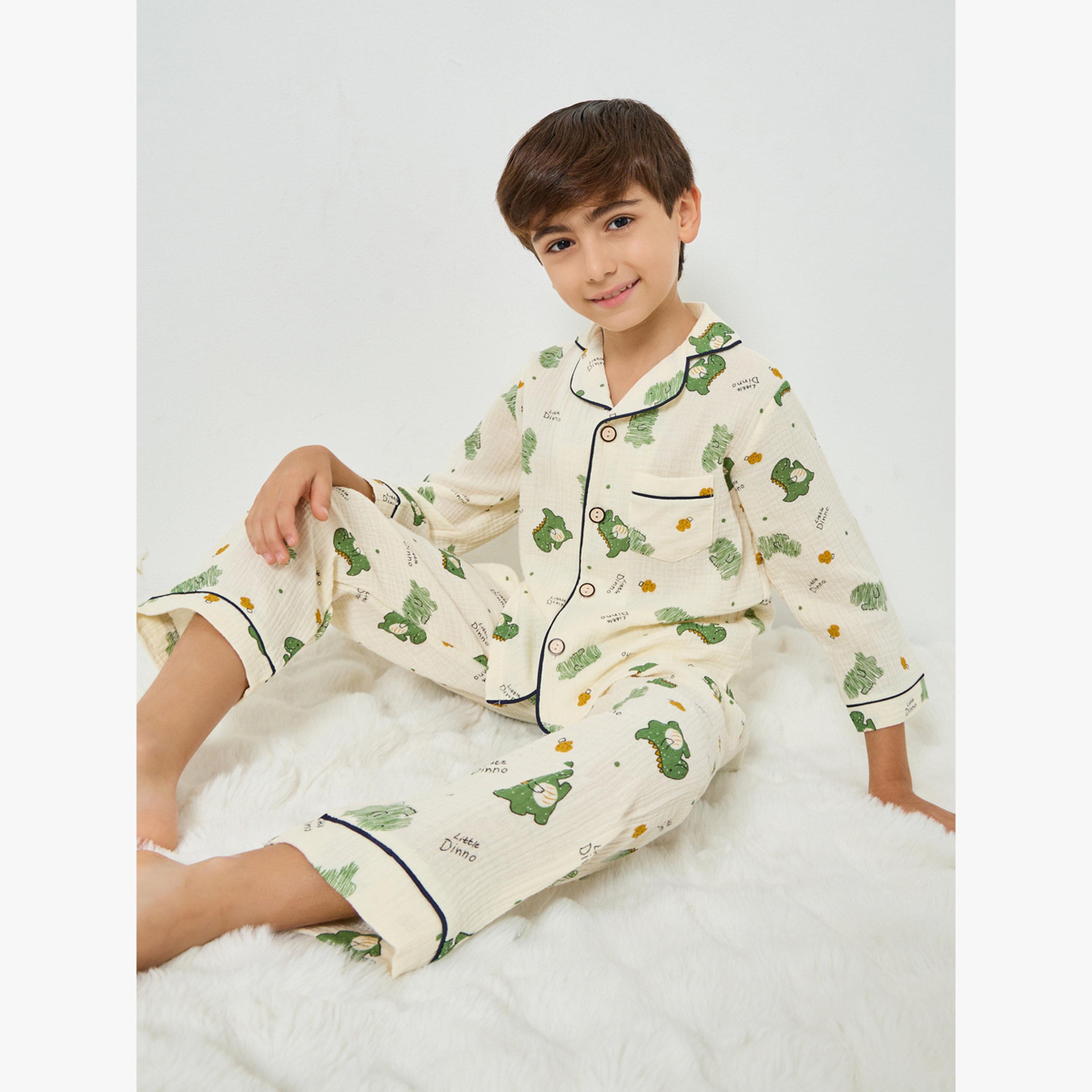 Styli Boys Dino Print Button Front Shirt and Pjyama Set-boys-clothing-nightwear-image-2
