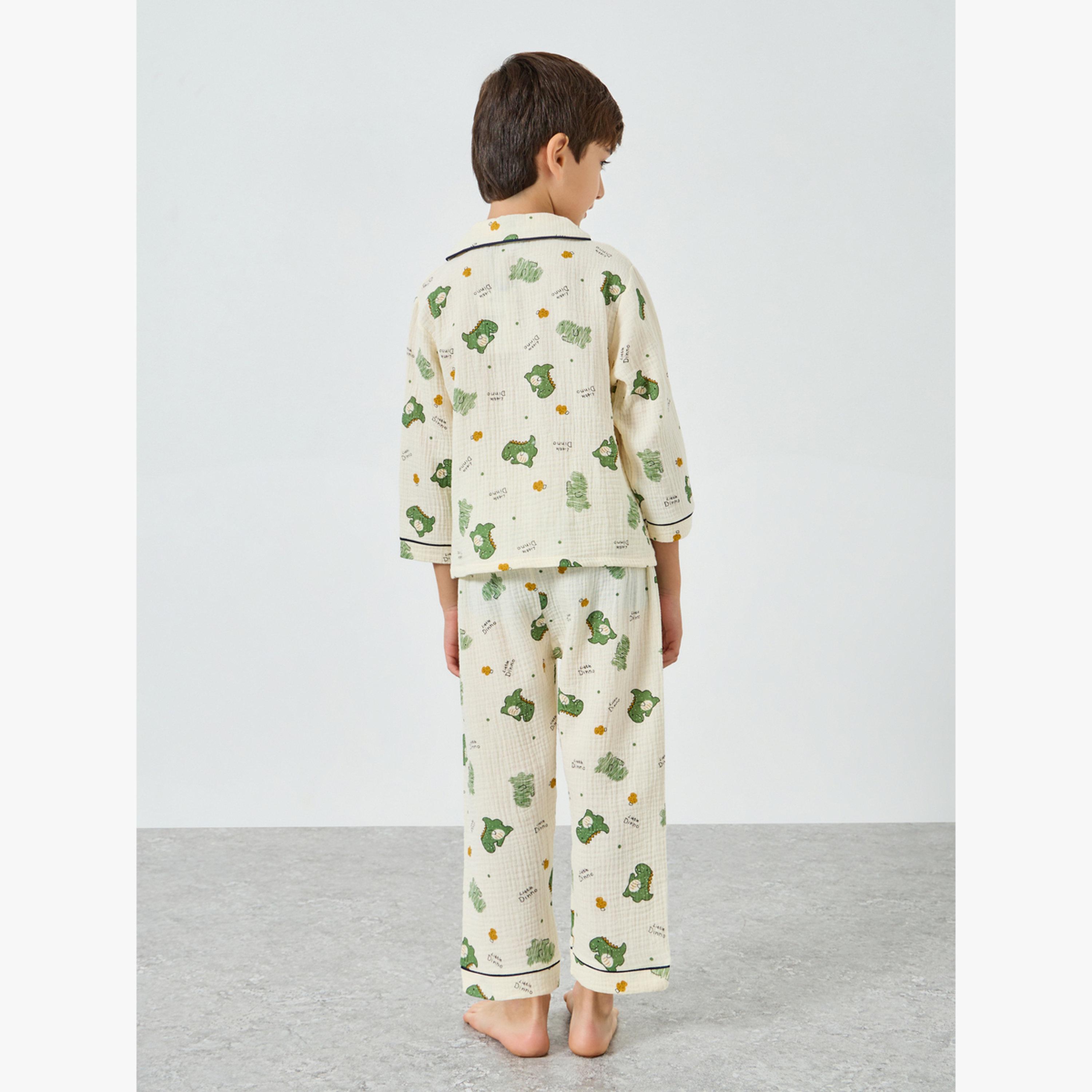 Styli Boys Dino Print Button Front Shirt and Pjyama Set-boys-clothing-nightwear-image-4