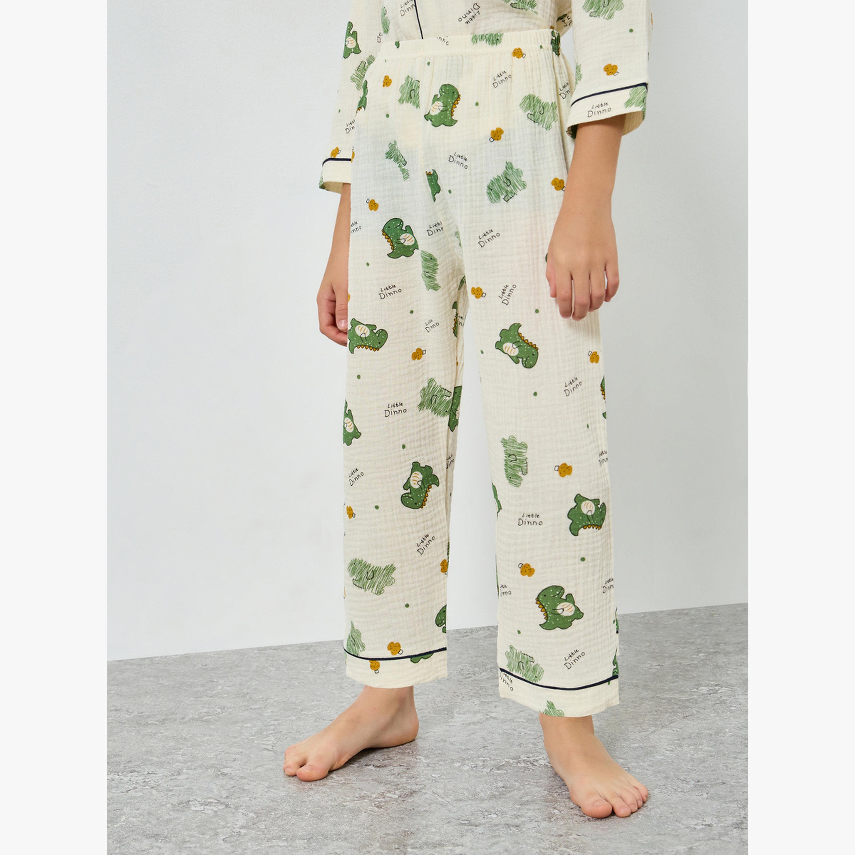 Styli Boys Dino Print Button Front Shirt and Pjyama Set-boys-clothing-nightwear-image-5