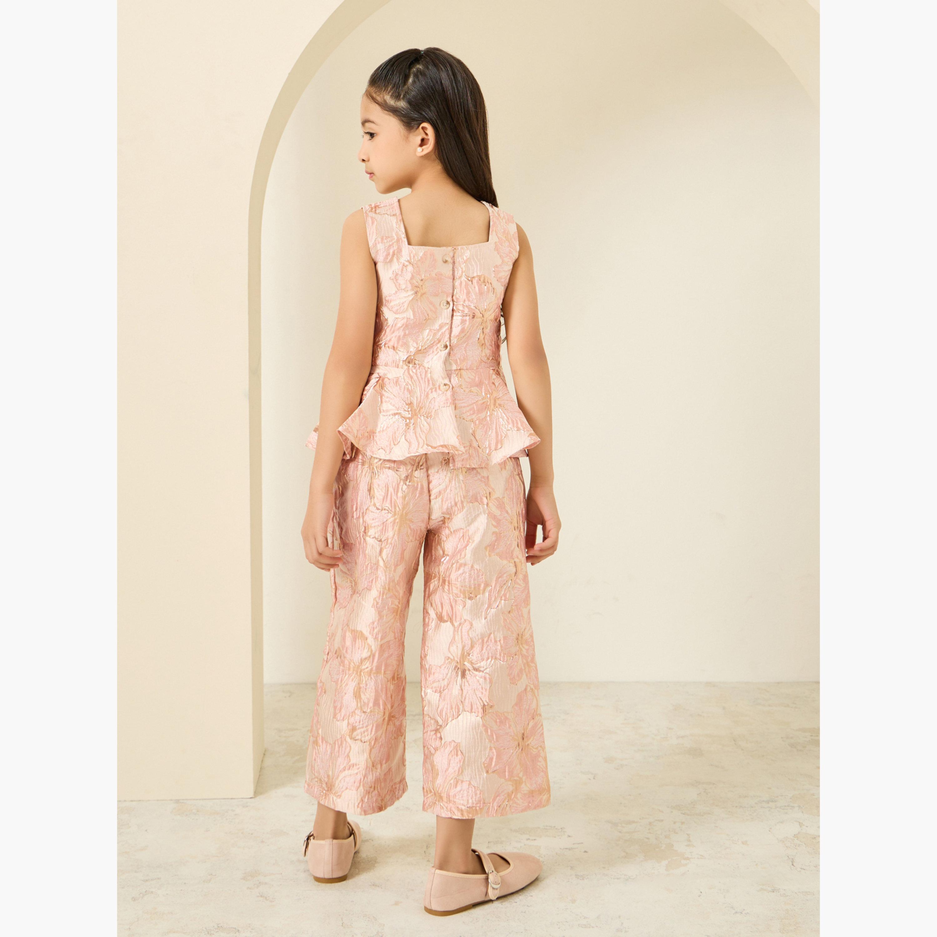 Styli Girls Pink Embroidered Jacquard Top and Trousers Set-girls-clothing-setsandcoords-image-5