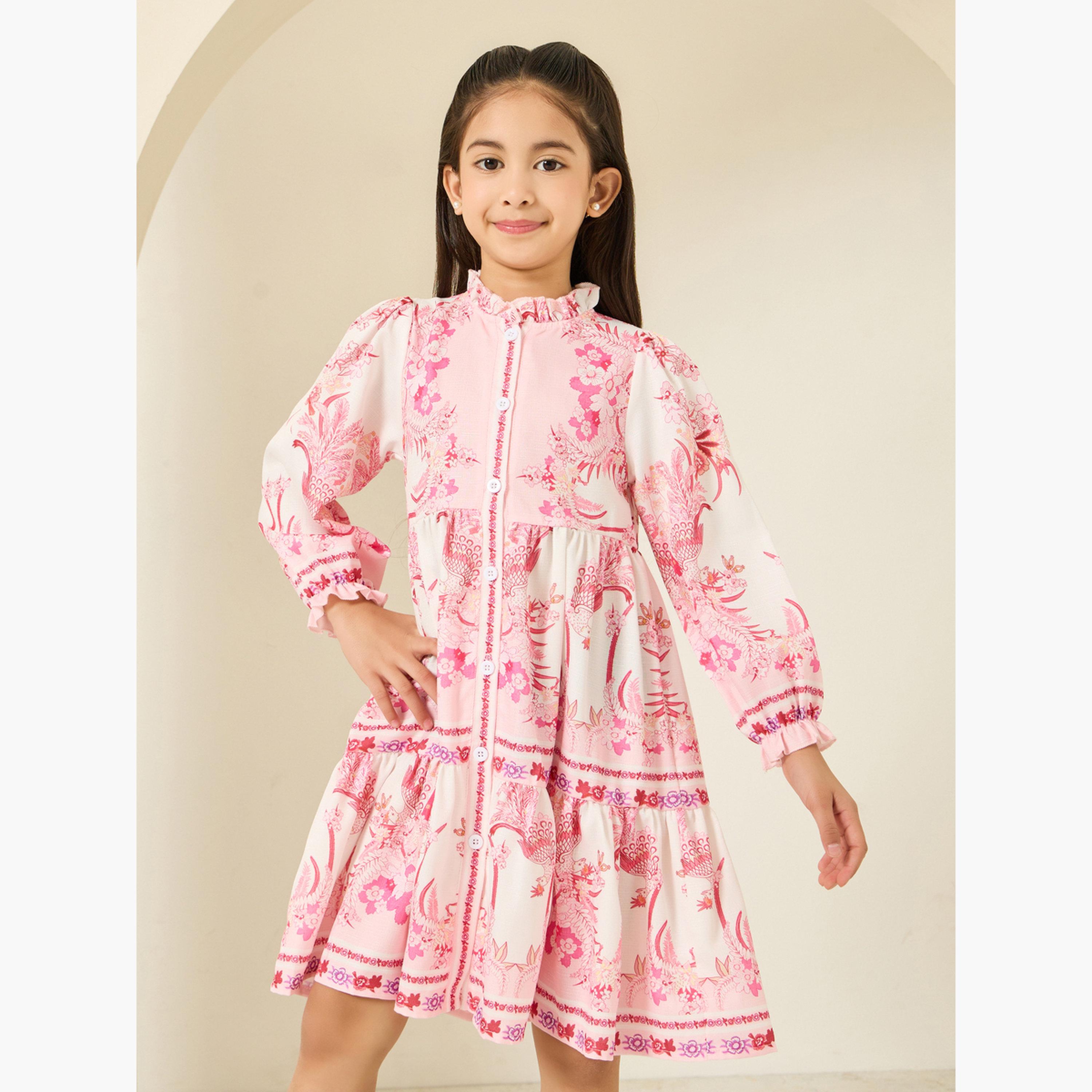 فستان بطول الركبة وطبعة زهور مع حافة واسعة-girls-clothing-dressesandjumpsuits-image-1
