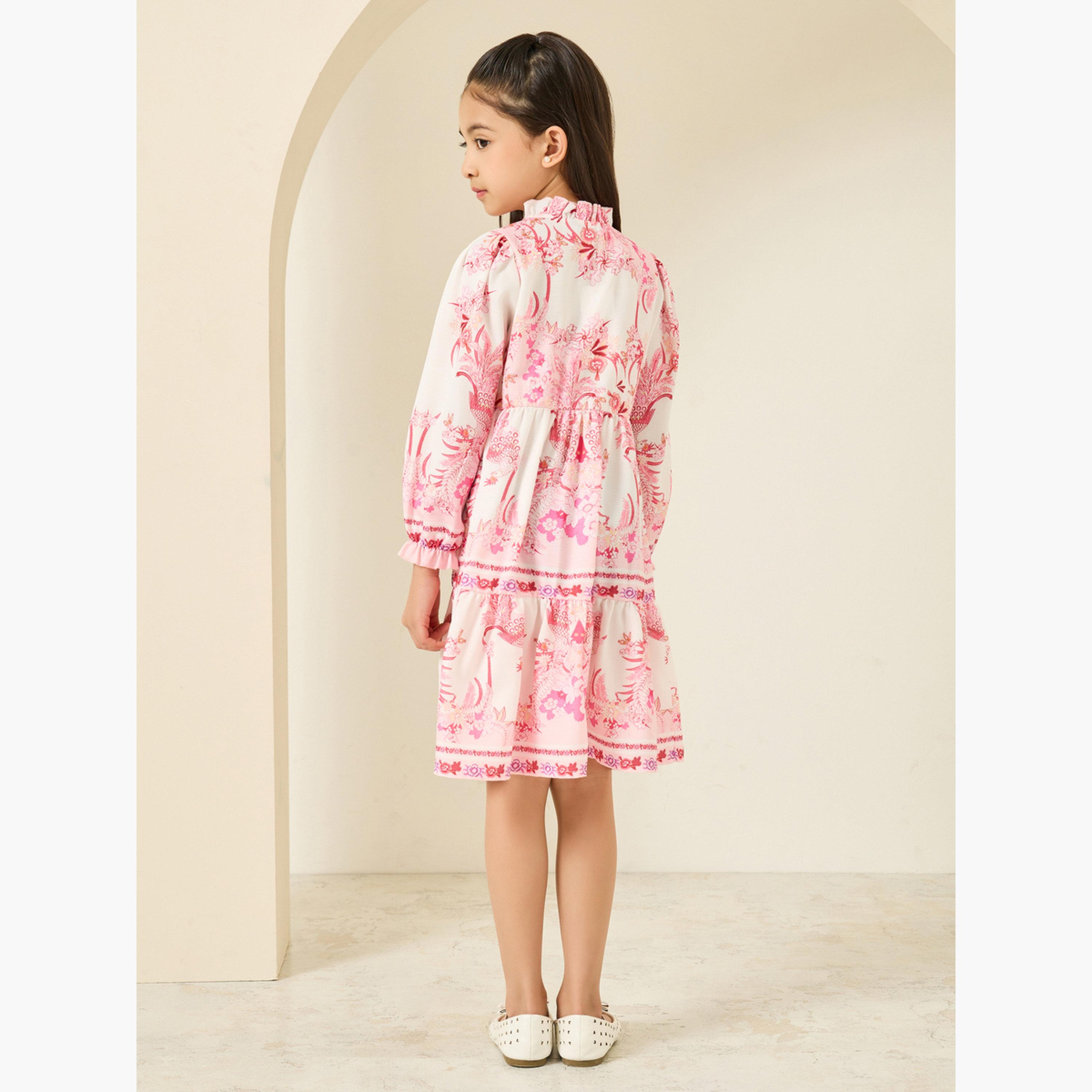 فستان بطول الركبة وطبعة زهور مع حافة واسعة-girls-clothing-dressesandjumpsuits-image-3