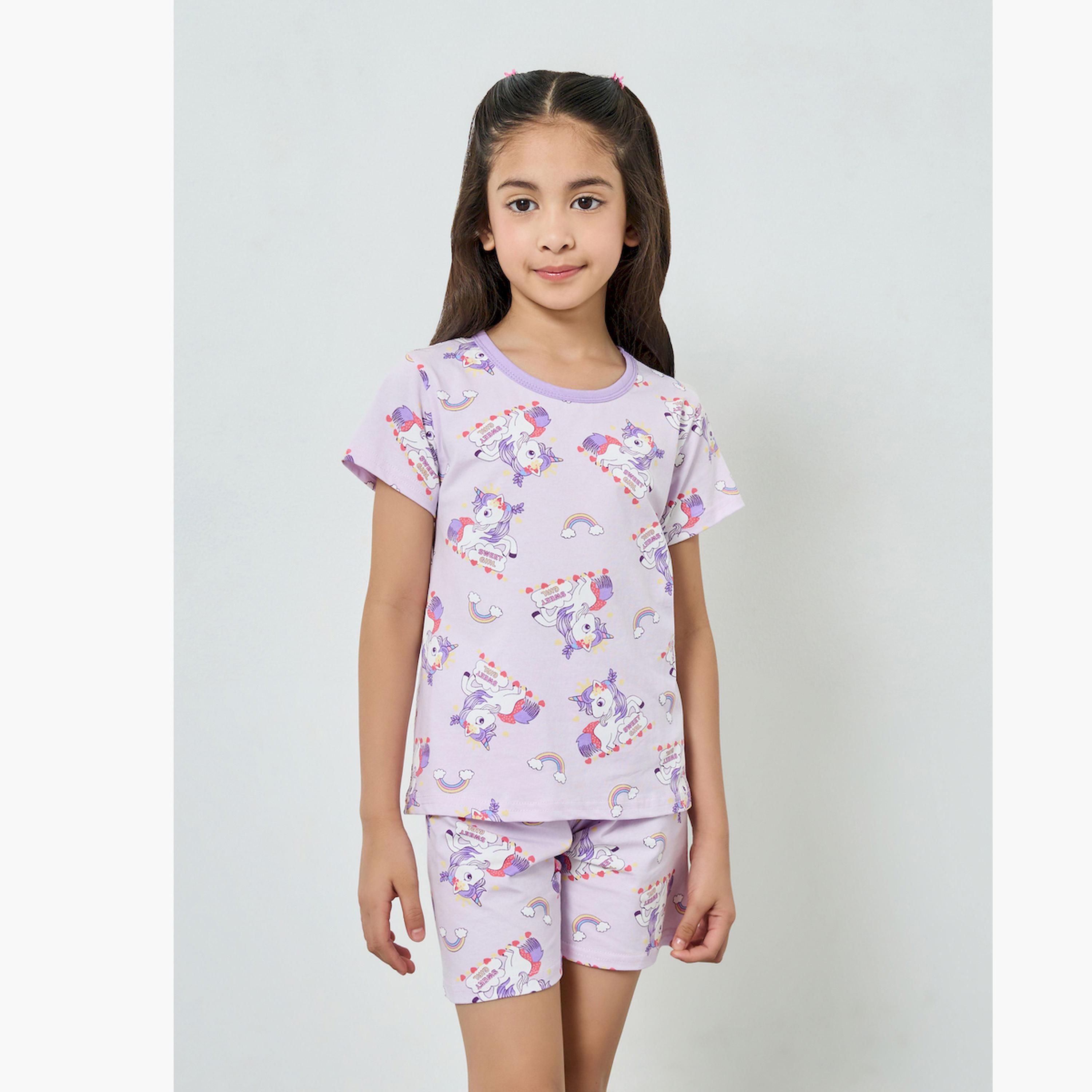 Styli Girls Unicorn Printed T-Shirt and Shorts Pyjama Set-girls-clothing-nightwear-image-1