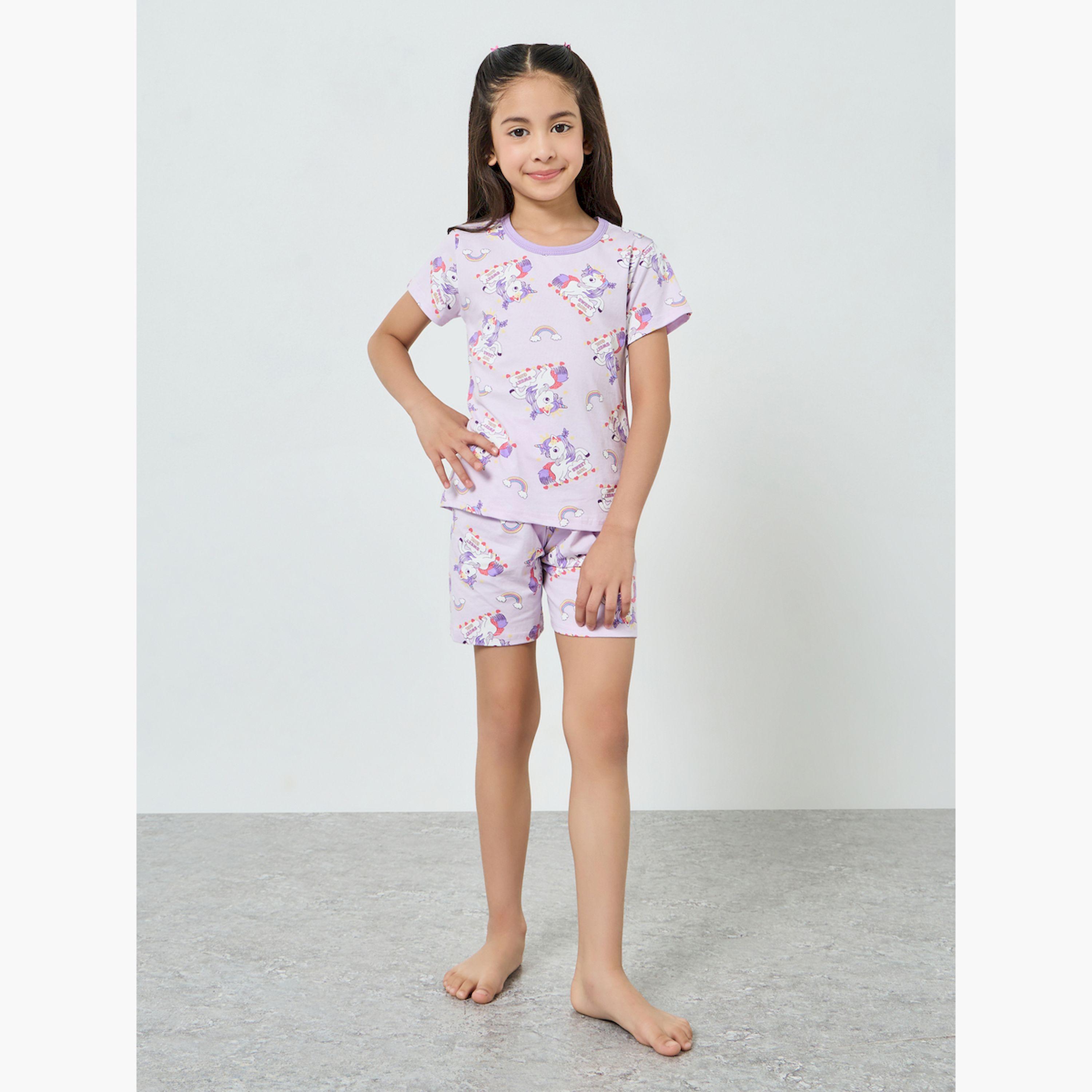 Styli Girls Unicorn Printed T-Shirt and Shorts Pyjama Set-girls-clothing-nightwear-image-2