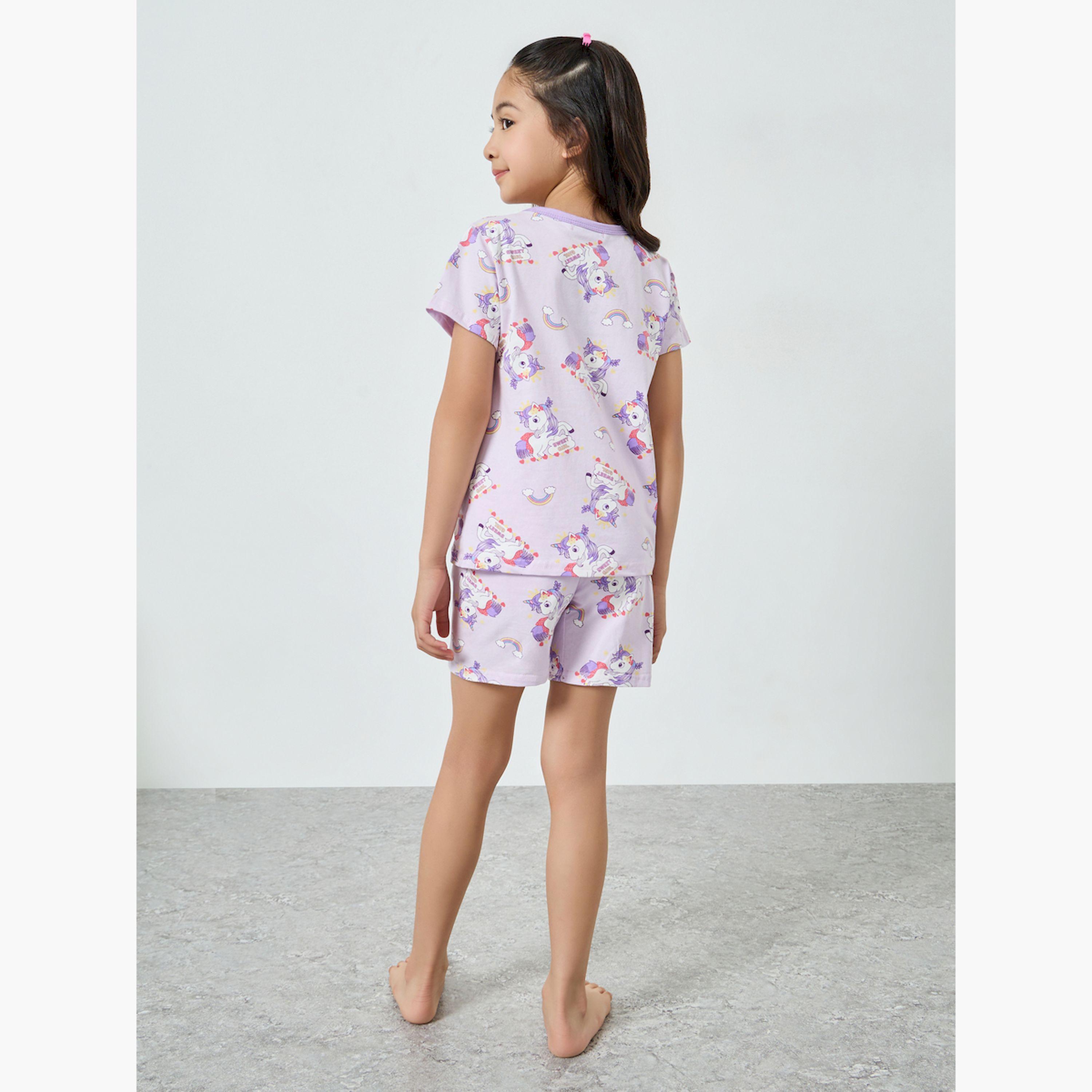 Styli Girls Unicorn Printed T-Shirt and Shorts Pyjama Set-girls-clothing-nightwear-image-3