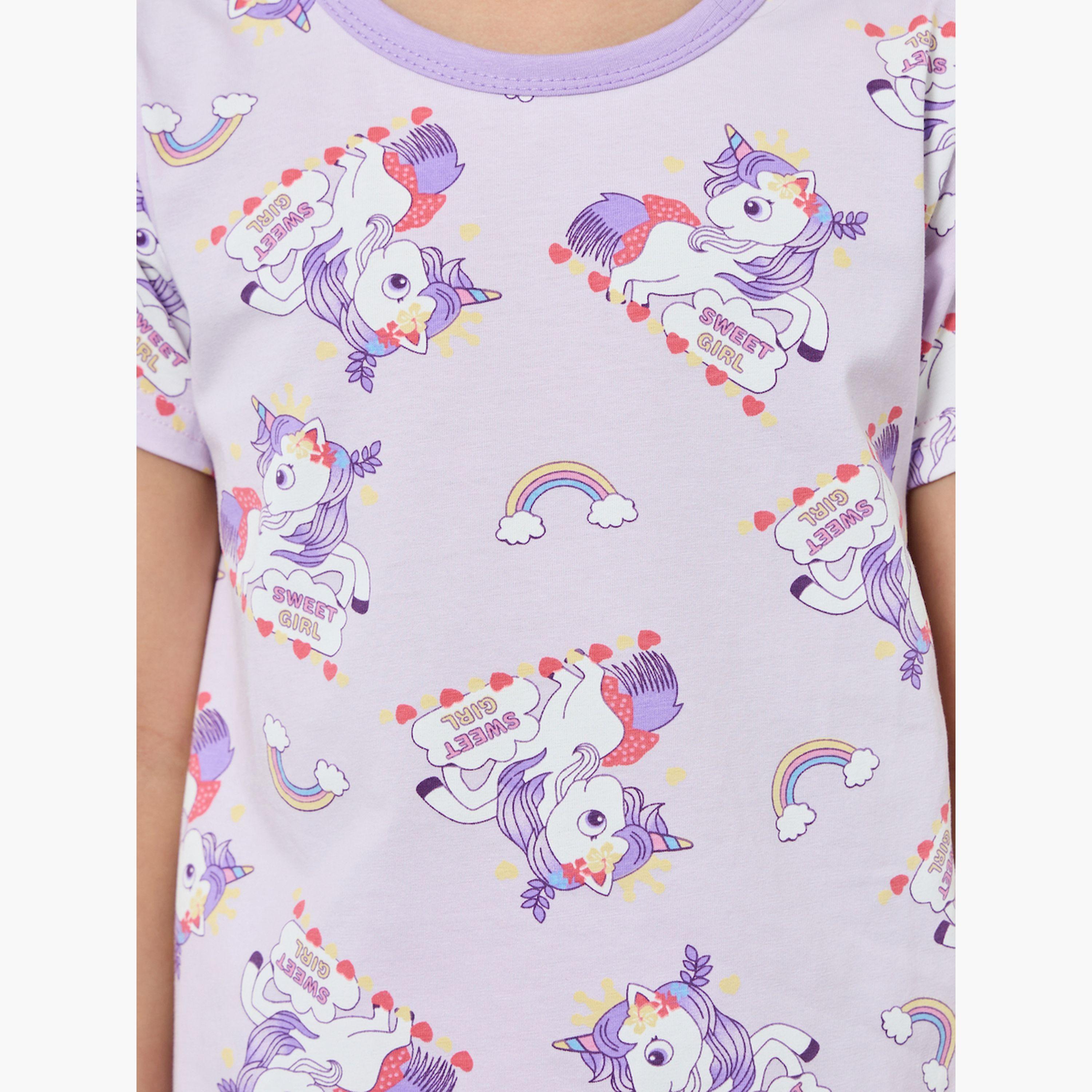 Styli Girls Unicorn Printed T-Shirt and Shorts Pyjama Set-girls-clothing-nightwear-image-5