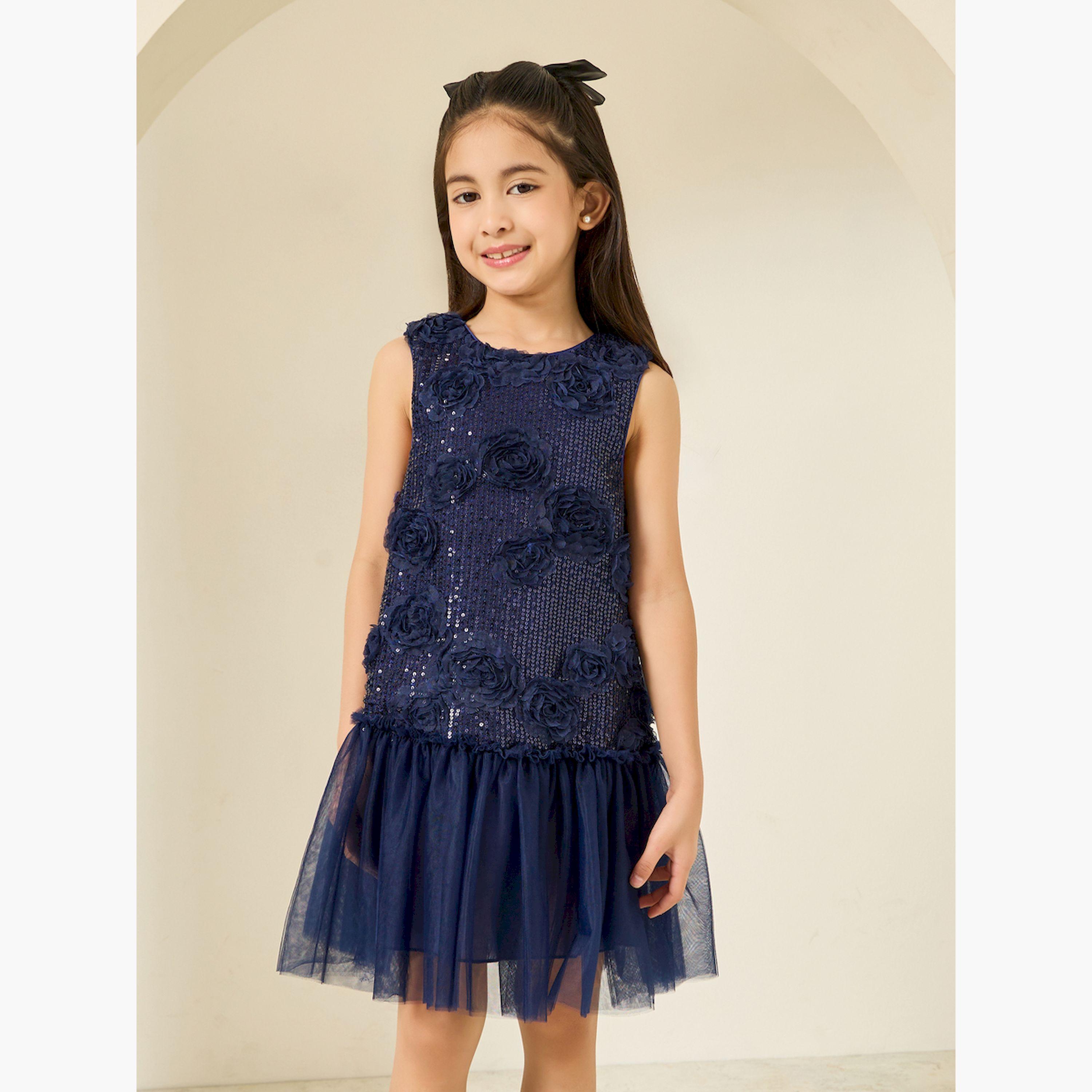 Styli Girls Navy Blue Sleeveless Embellished Dress-girls-clothing-dressesandjumpsuits-image-1