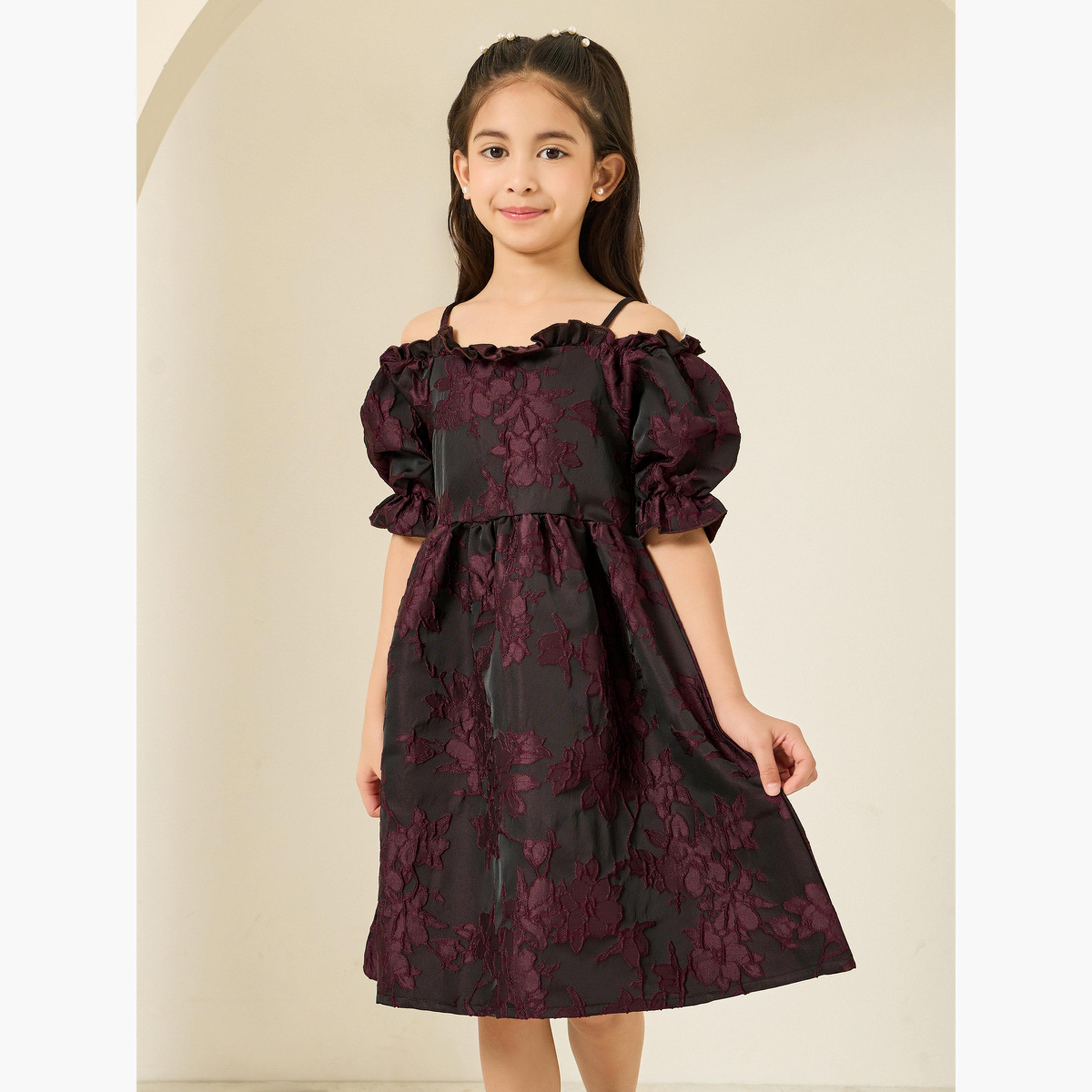 فستان جاكار بورغندي بنقشة زهور-girls-clothing-dressesandjumpsuits-image-1