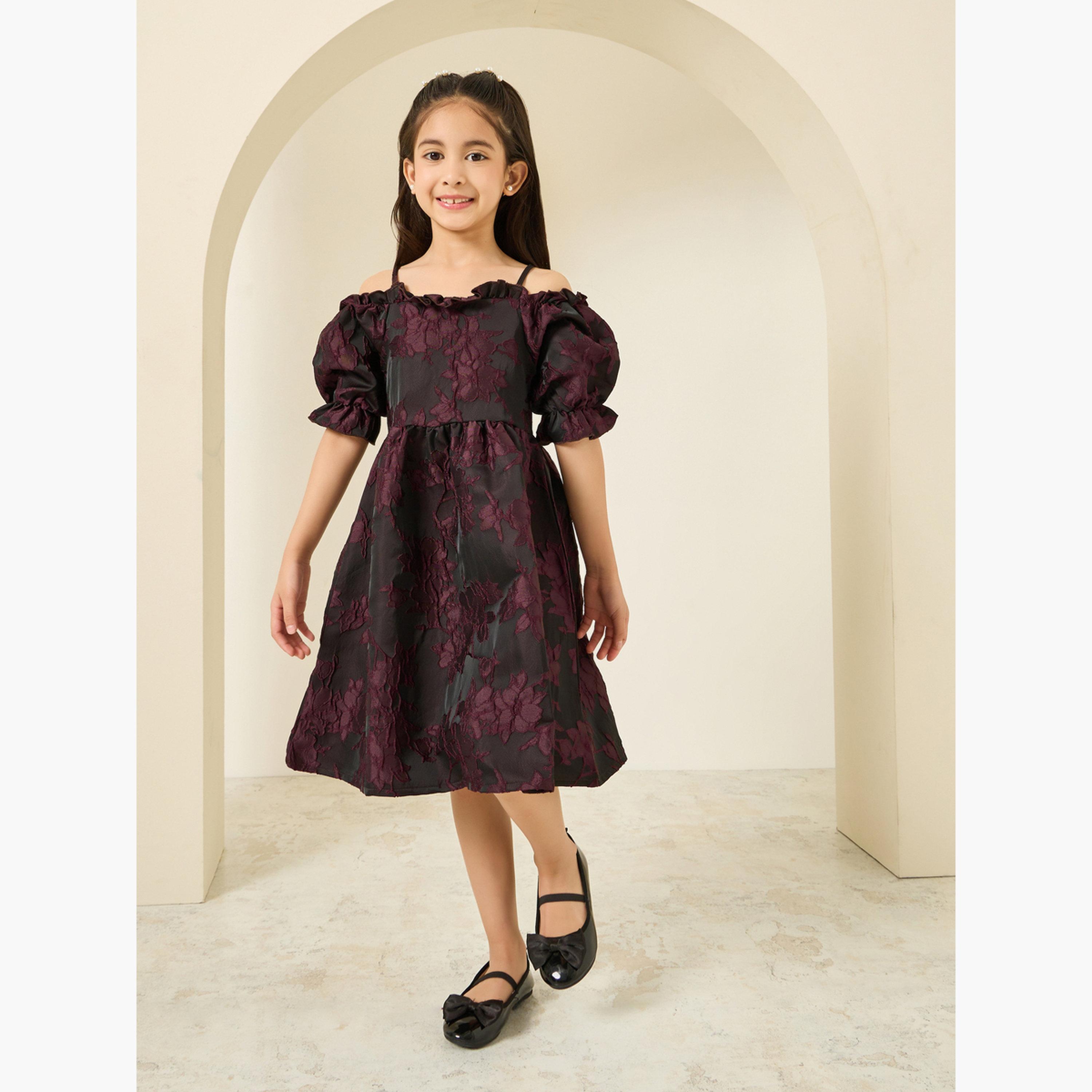 فستان جاكار بورغندي بنقشة زهور-girls-clothing-dressesandjumpsuits-image-2