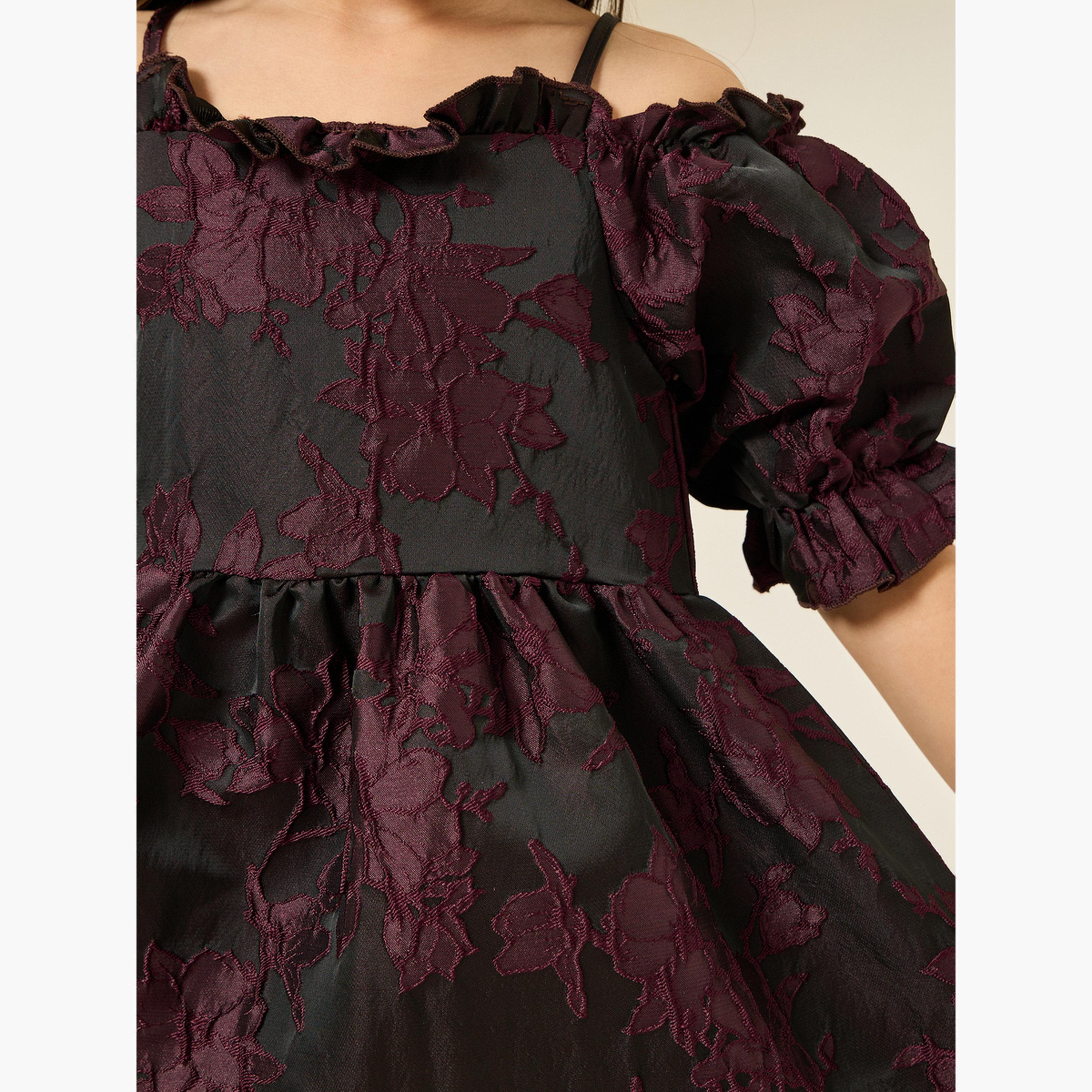 فستان جاكار بورغندي بنقشة زهور-girls-clothing-dressesandjumpsuits-image-4