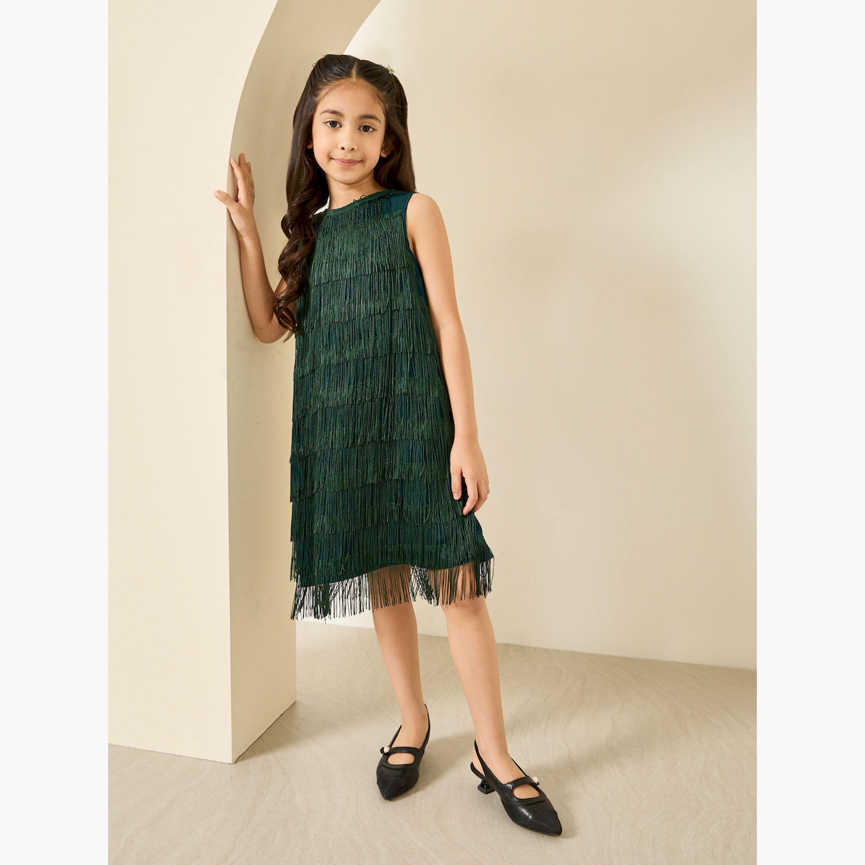 Styli Dark Green Sleeveless Fringed A-Line Dress-girls-clothing-dressesandjumpsuits-image-2