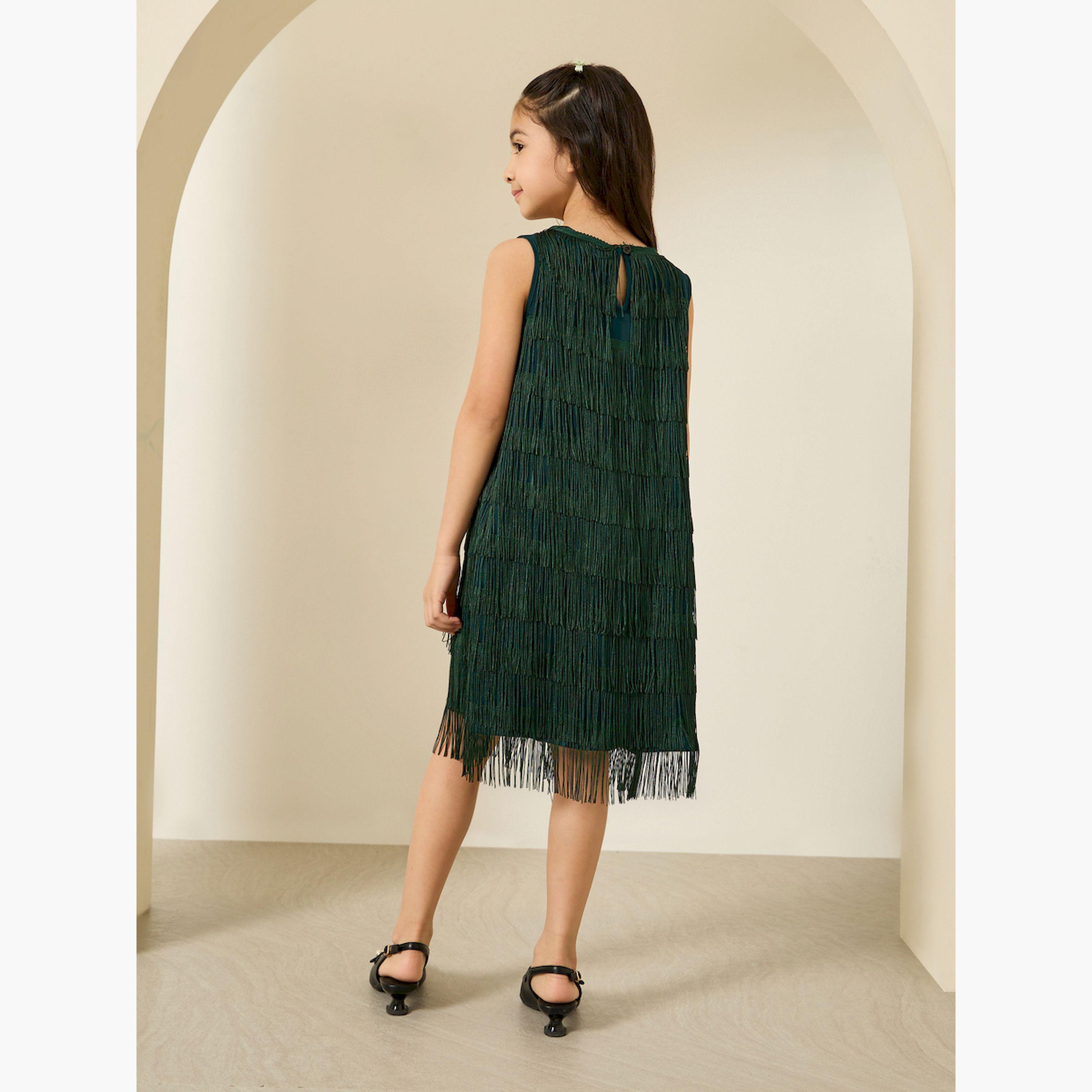 Styli Dark Green Sleeveless Fringed A-Line Dress-girls-clothing-dressesandjumpsuits-image-3