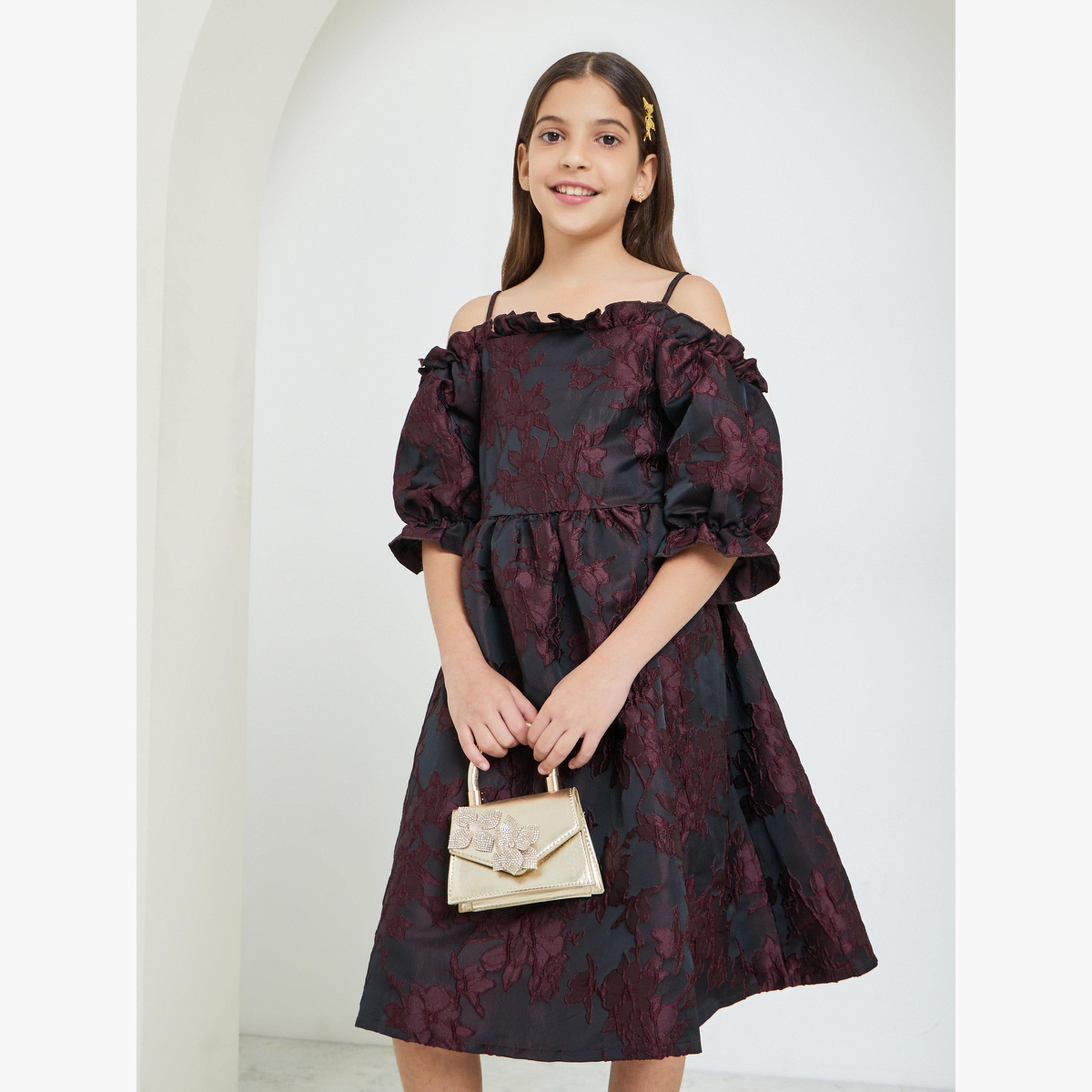 Styli Girls Burgundy Cold-Shoulder Sleeve Dress-girls-clothing-dressesandjumpsuits-image-1