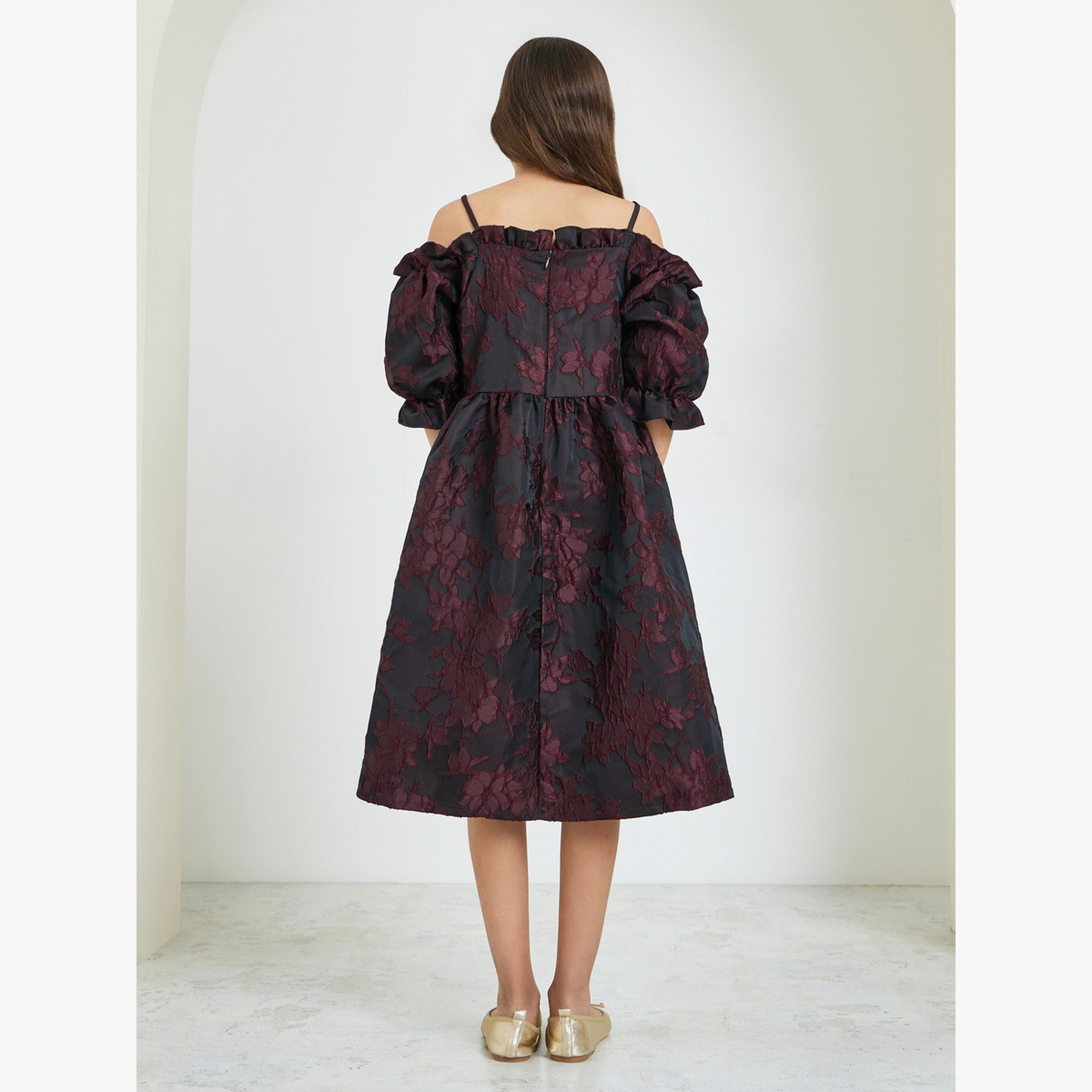 Styli Girls Burgundy Cold-Shoulder Sleeve Dress-girls-clothing-dressesandjumpsuits-image-3