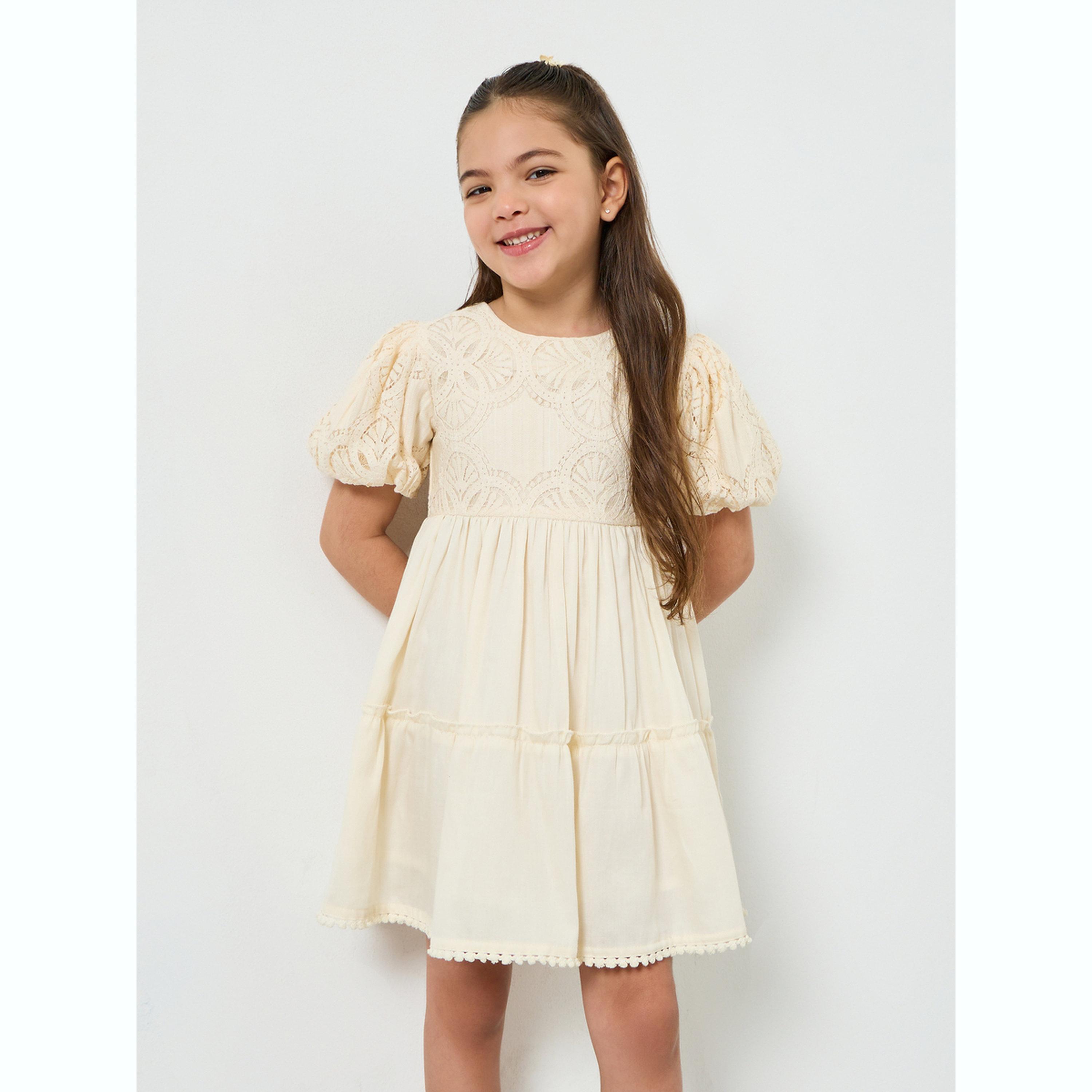 Styli Girls Beige Puff Sleeve Lace Tiered Dress-girls-clothing-dressesandjumpsuits-image-1