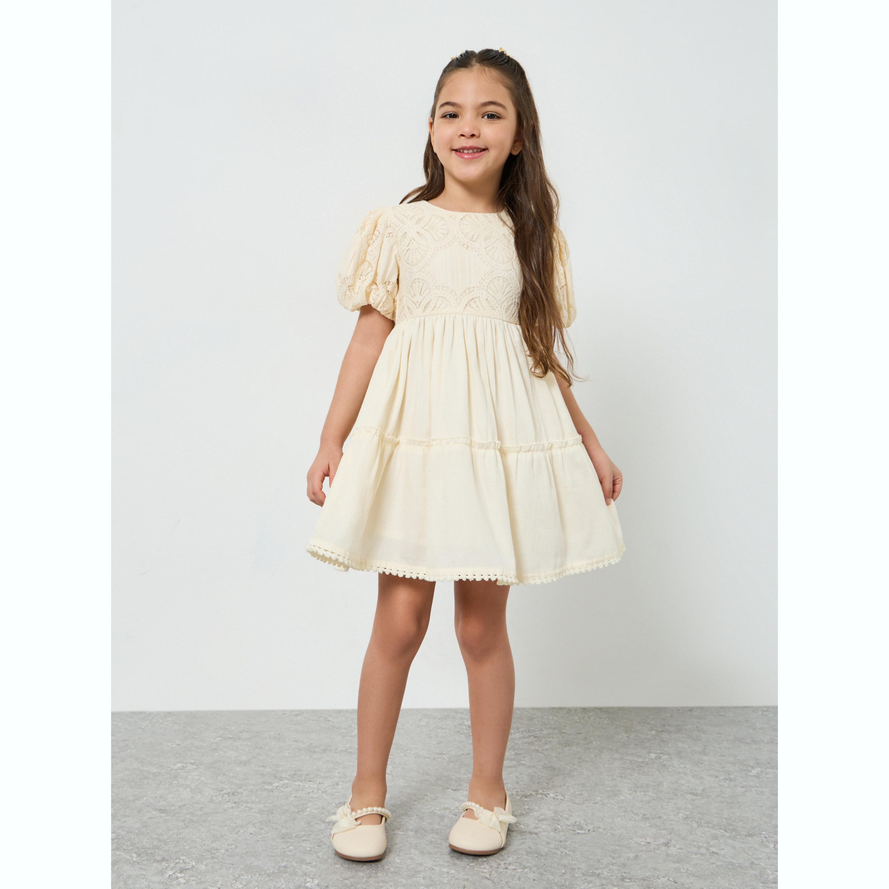 Styli Girls Beige Puff Sleeve Lace Tiered Dress-girls-clothing-dressesandjumpsuits-image-2