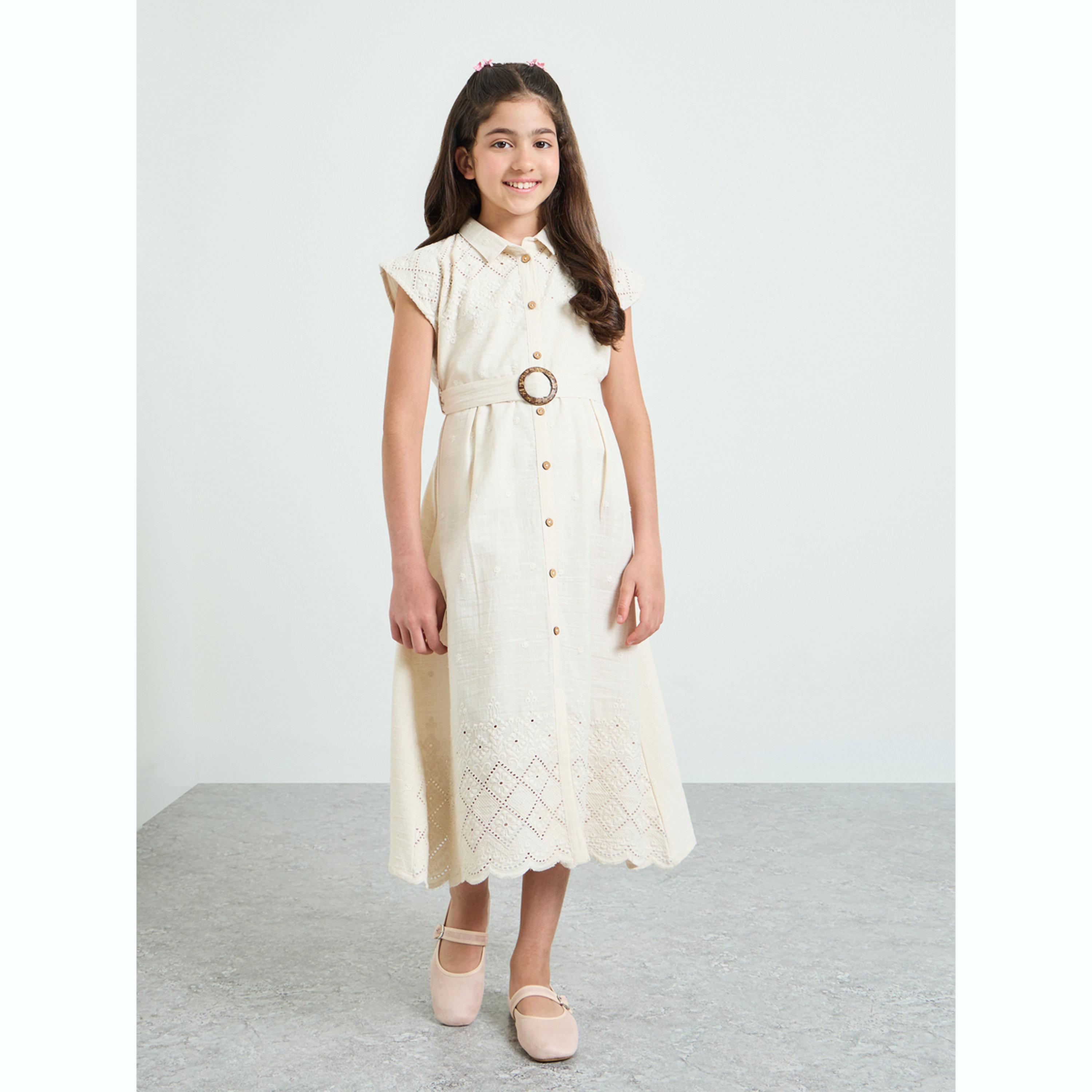 فستان قميص بحزام وتفاصيل مُطرّزة للمراهقات-girls-clothing-dressesandjumpsuits-image-1