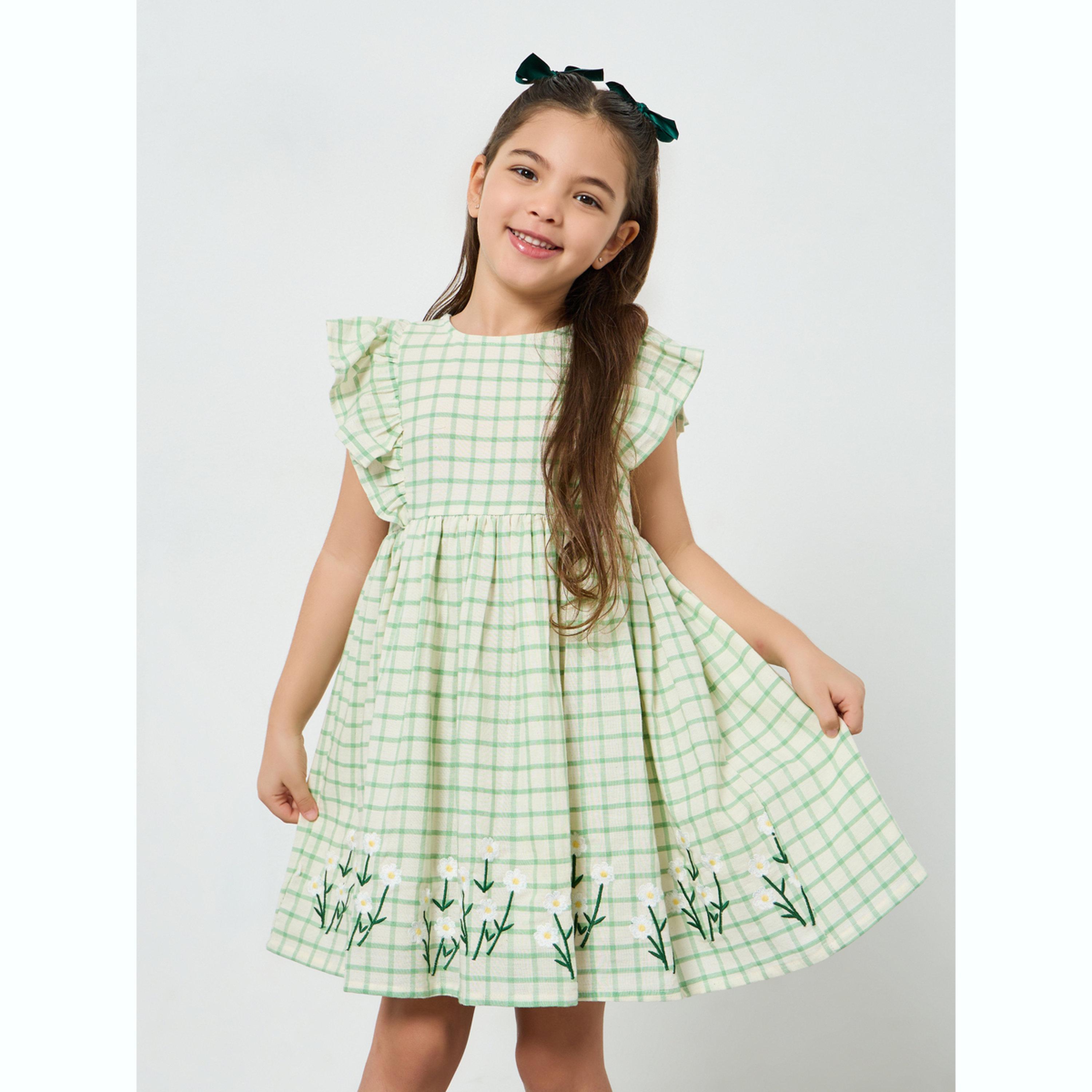 Styli Girls Green Checkered A-Line Dress with Floral Embroider-girls-clothing-dressesandjumpsuits-image-1
