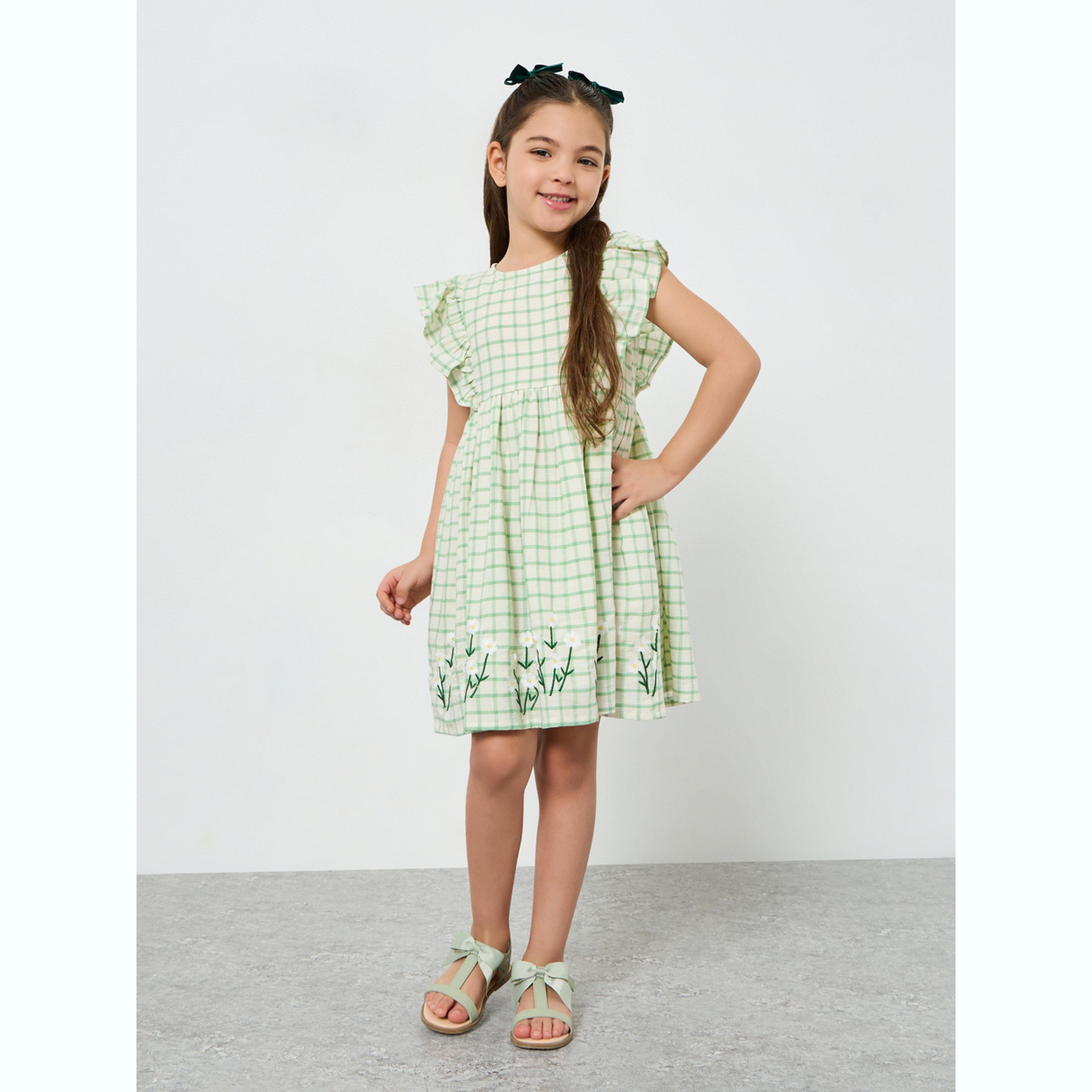 Styli Girls Green Checkered A-Line Dress with Floral Embroider-girls-clothing-dressesandjumpsuits-image-2