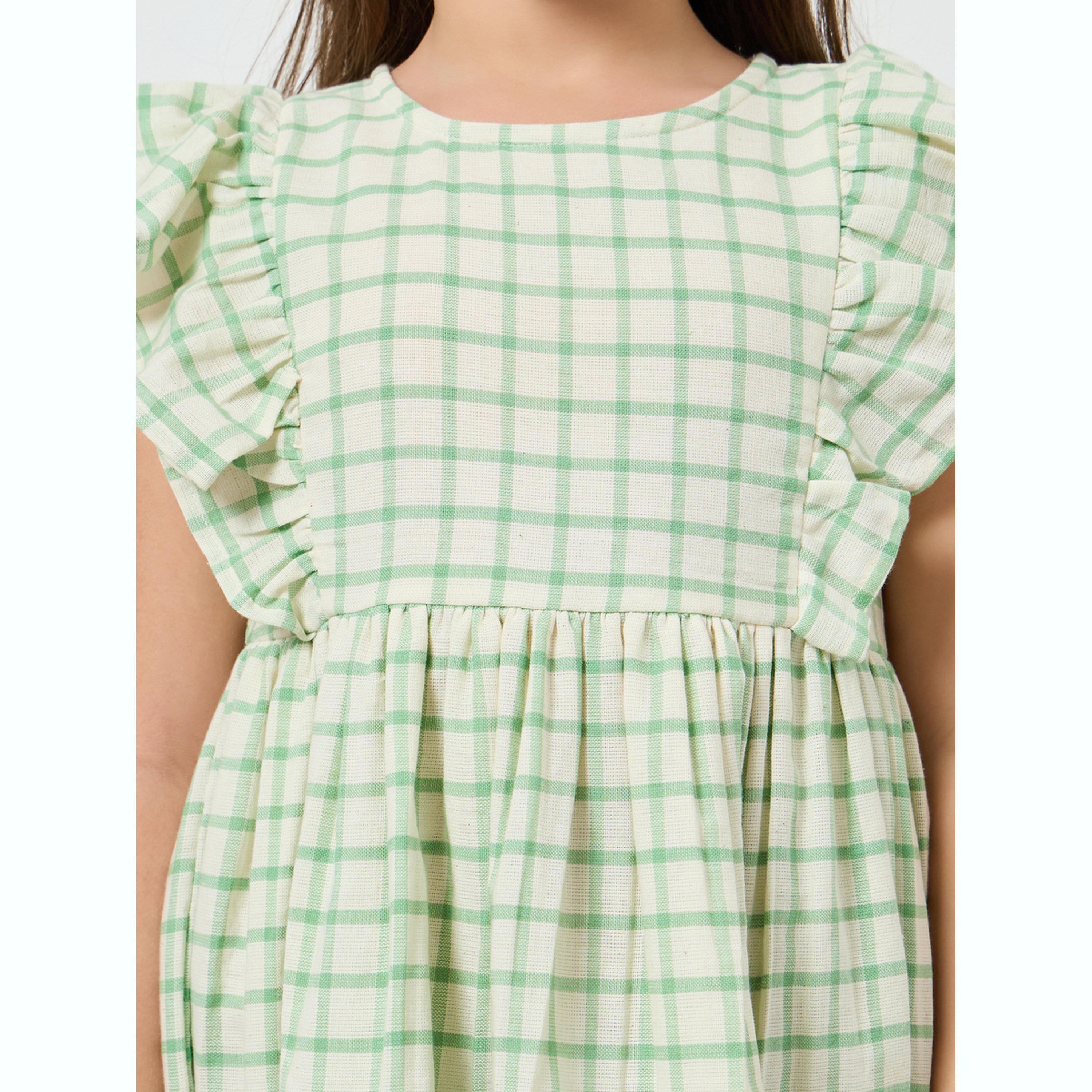 Styli Girls Green Checkered A-Line Dress with Floral Embroider-girls-clothing-dressesandjumpsuits-image-4