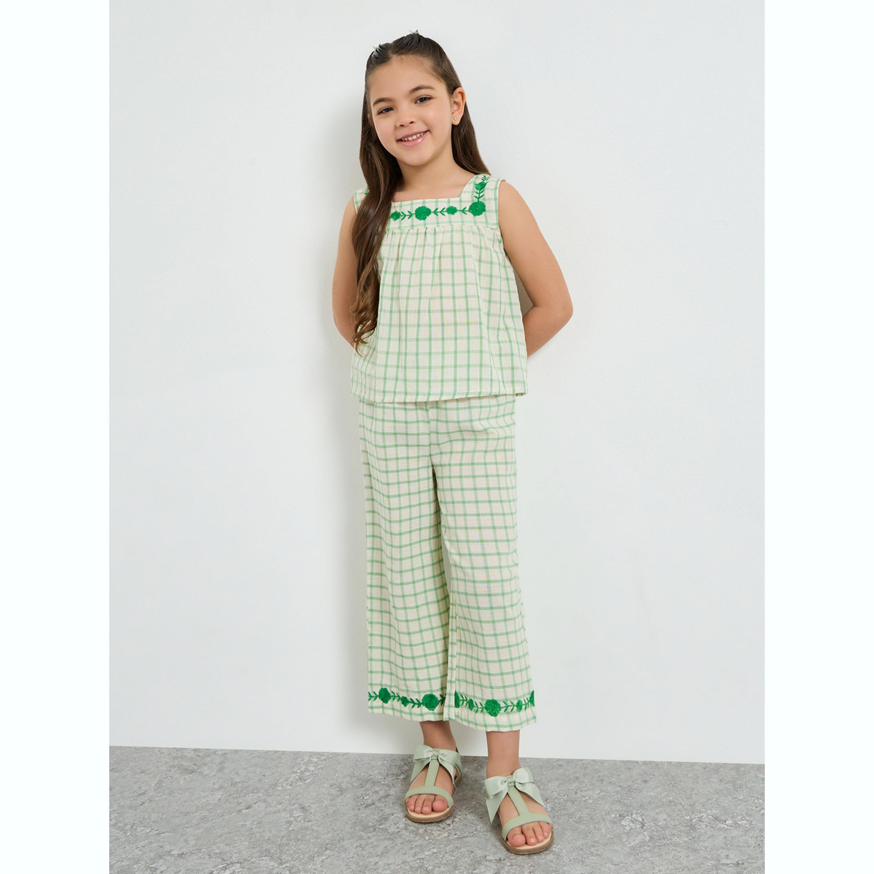 Styli Girls Green Checkered Top and Pants Set-girls-clothing-setsandcoords-image-1