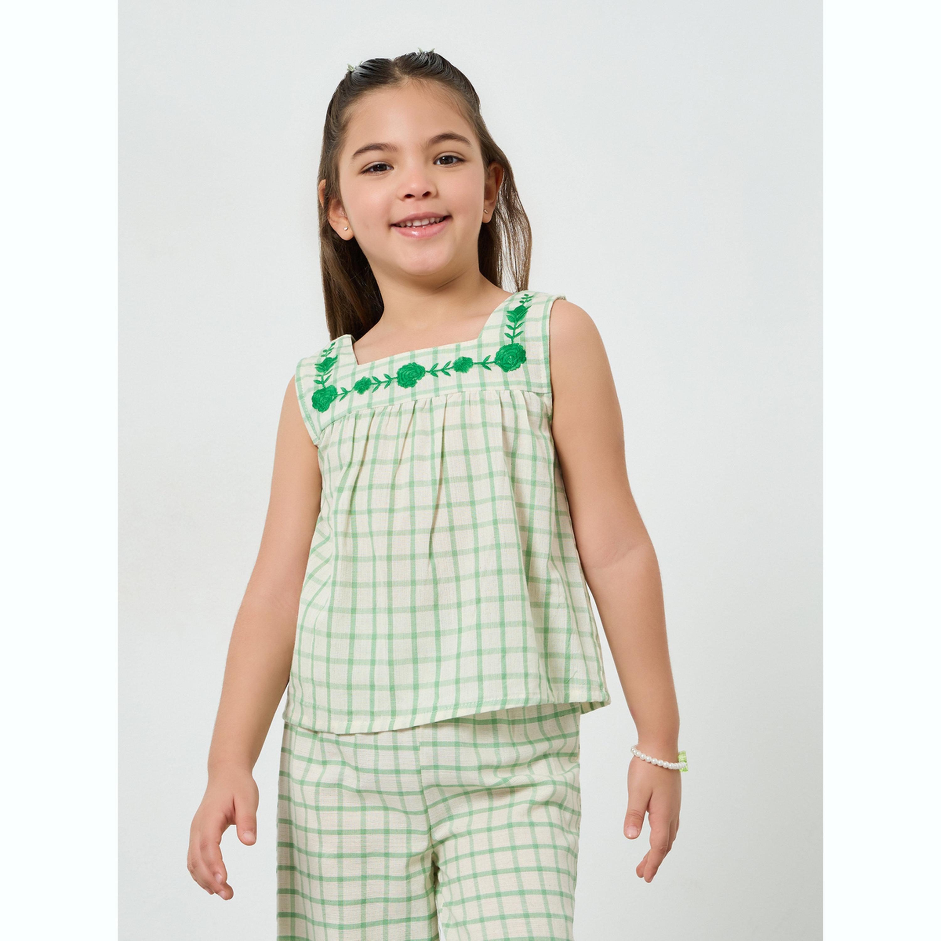 Styli Girls Green Checkered Top and Pants Set-girls-clothing-setsandcoords-image-2
