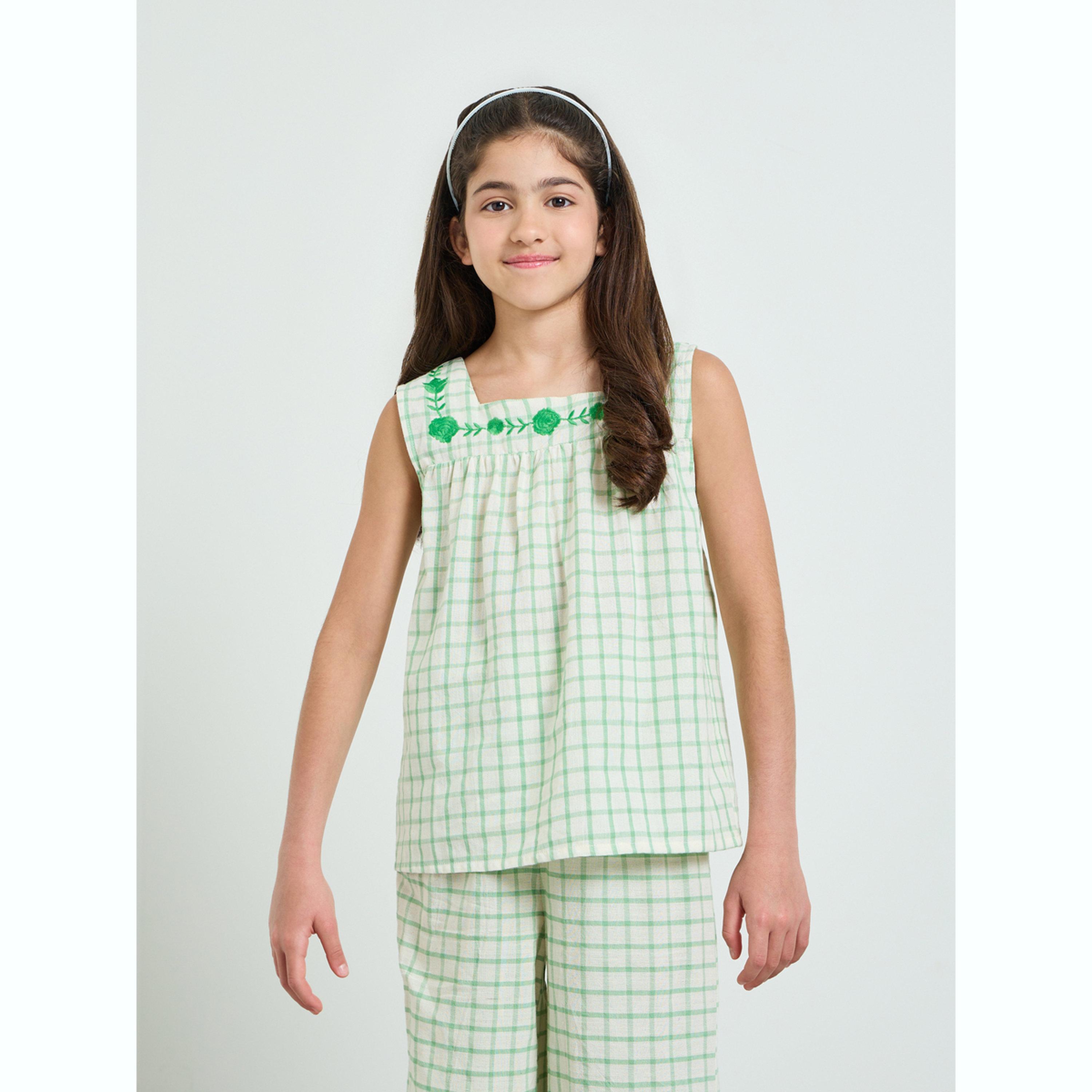 مجموعة من بنطال وبلوزة قطن بنمط مربعات-girls-clothing-setsandcoords-image-2