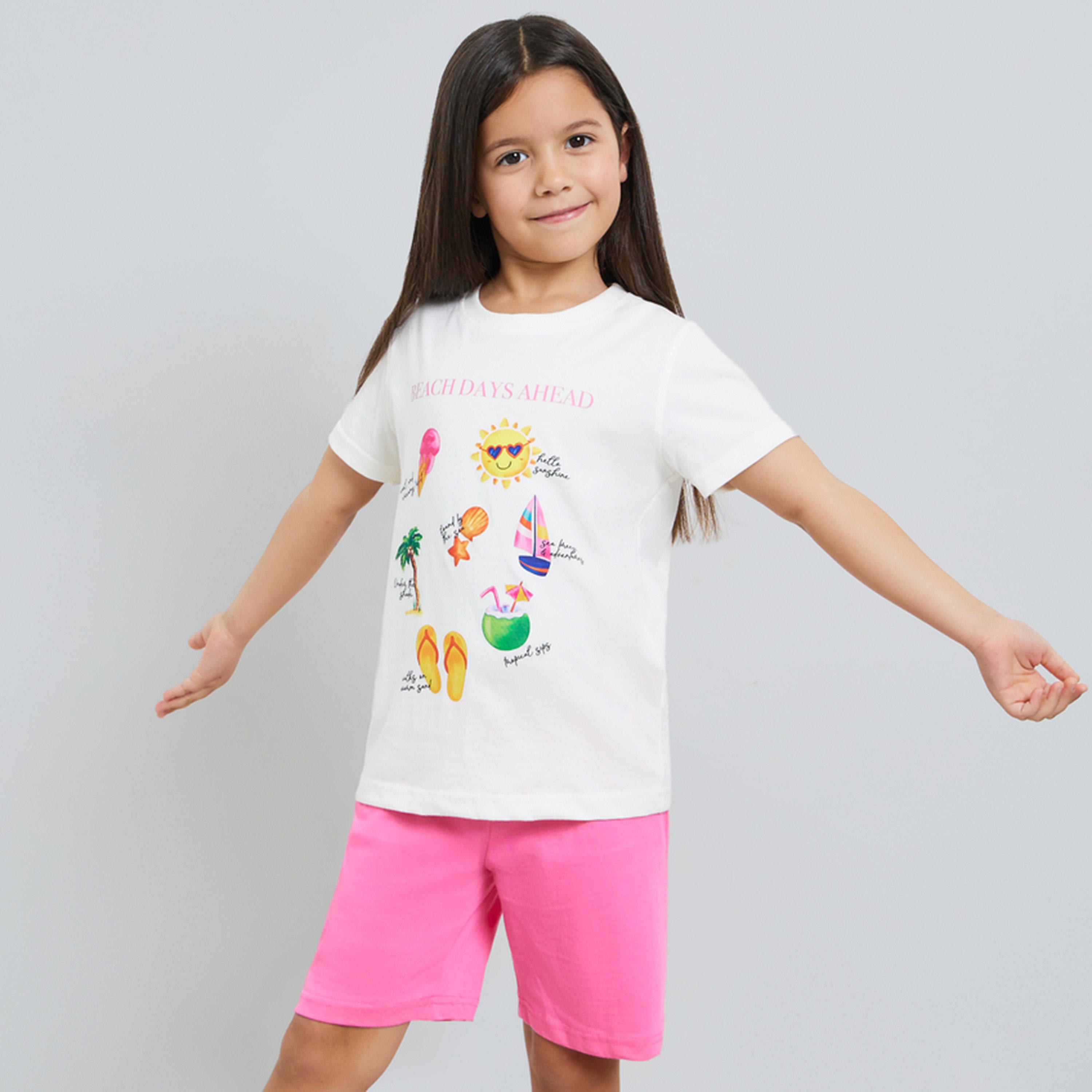 Styli Girls Cotton Beach Days T-Shirt and Shorts Set-girls-clothing-nightwear-image-1