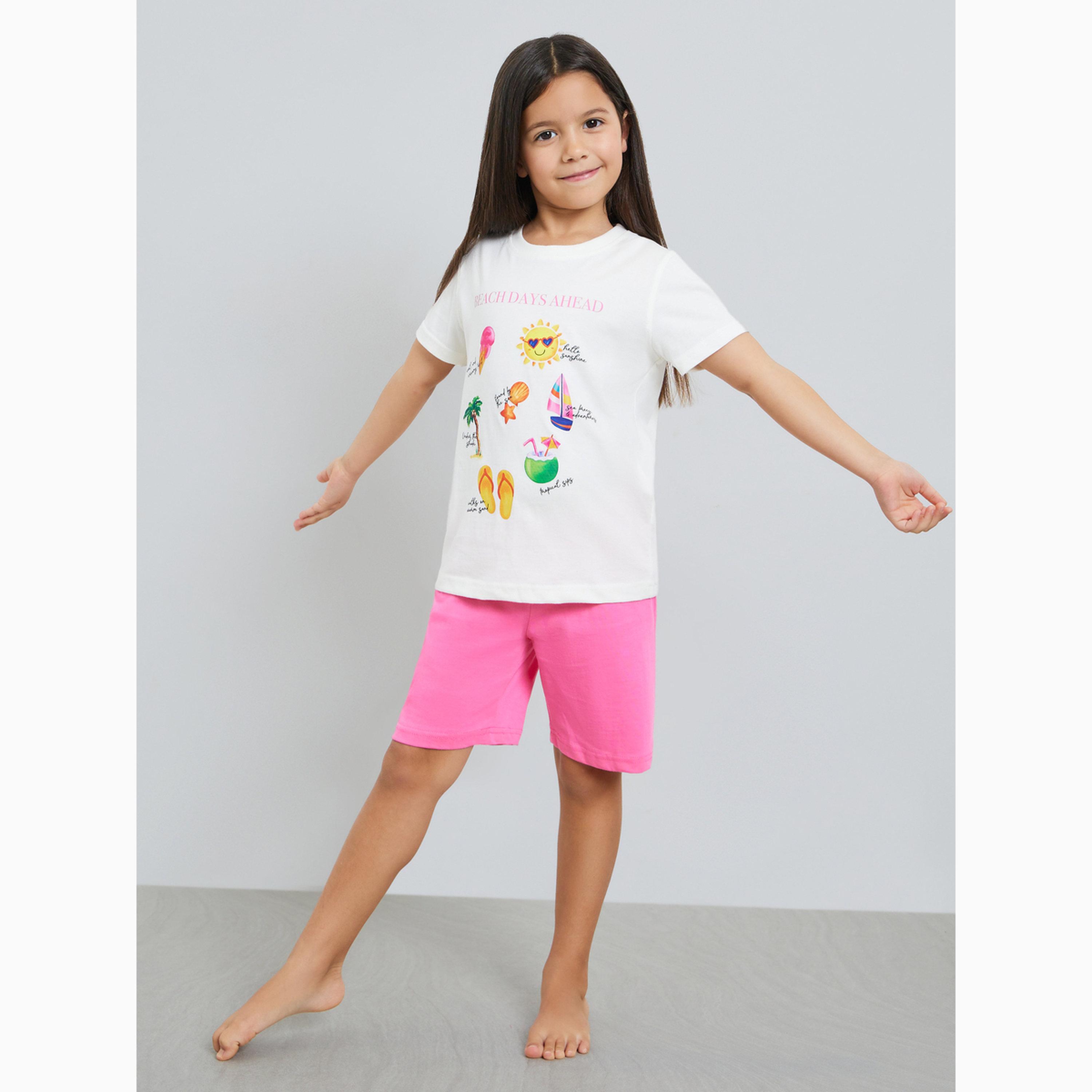 Styli Girls Cotton Beach Days T-Shirt and Shorts Set-girls-clothing-nightwear-image-2