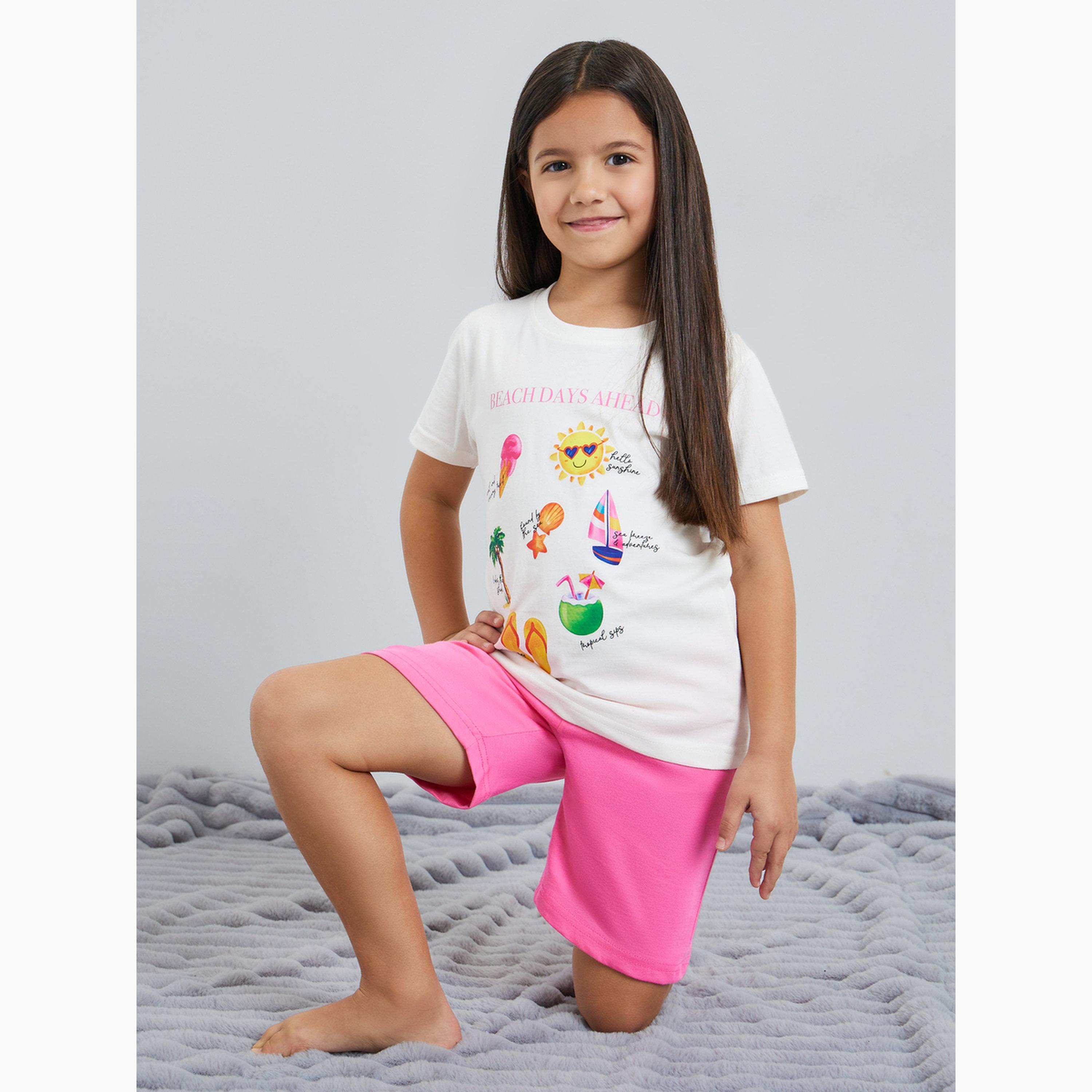 Styli Girls Cotton Beach Days T-Shirt and Shorts Set-girls-clothing-nightwear-image-4