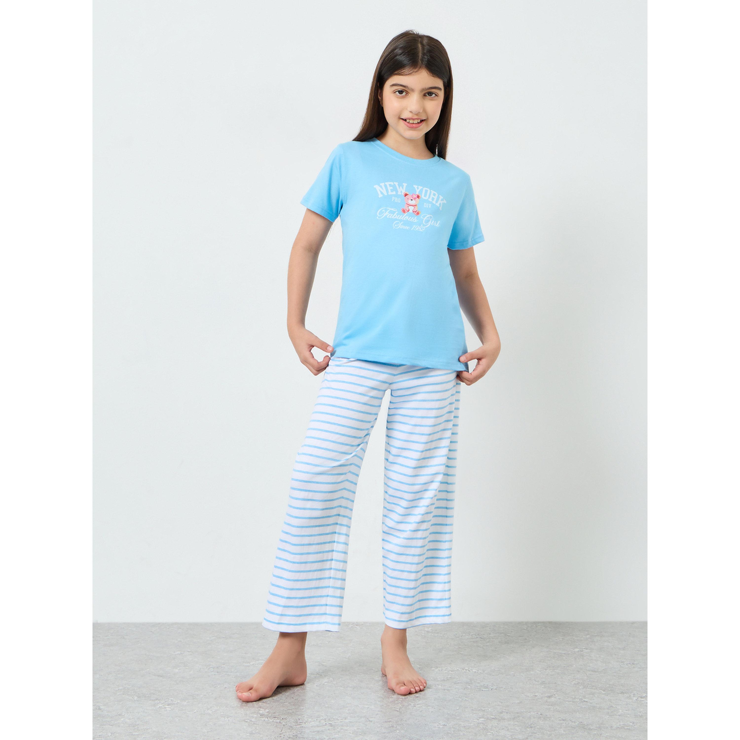 Styli Teen Girls Bear Print T-Shirt and Striped Pyjama Set-girls-clothing-nightwear-image-1