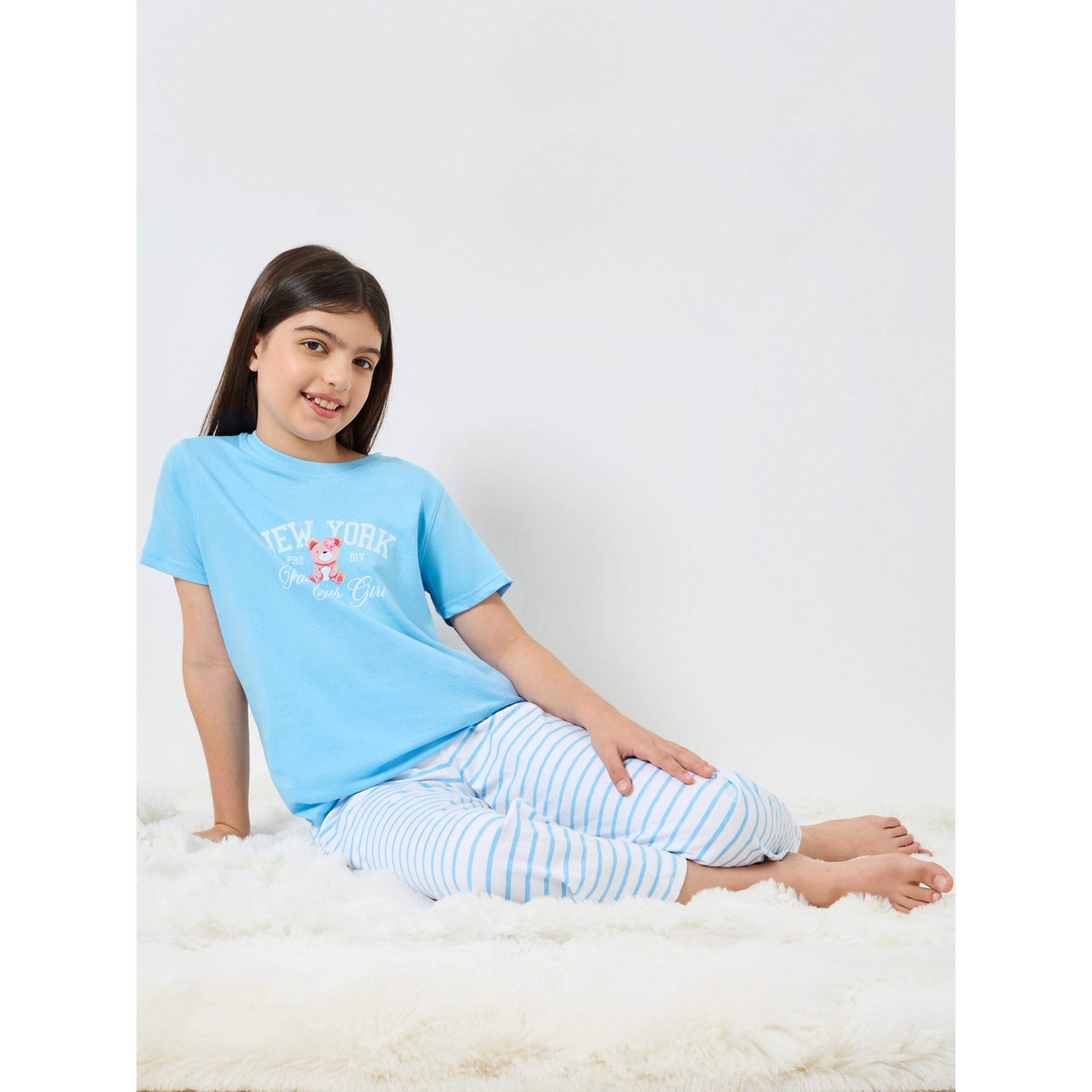 Styli Teen Girls Bear Print T-Shirt and Striped Pyjama Set-girls-clothing-nightwear-image-2